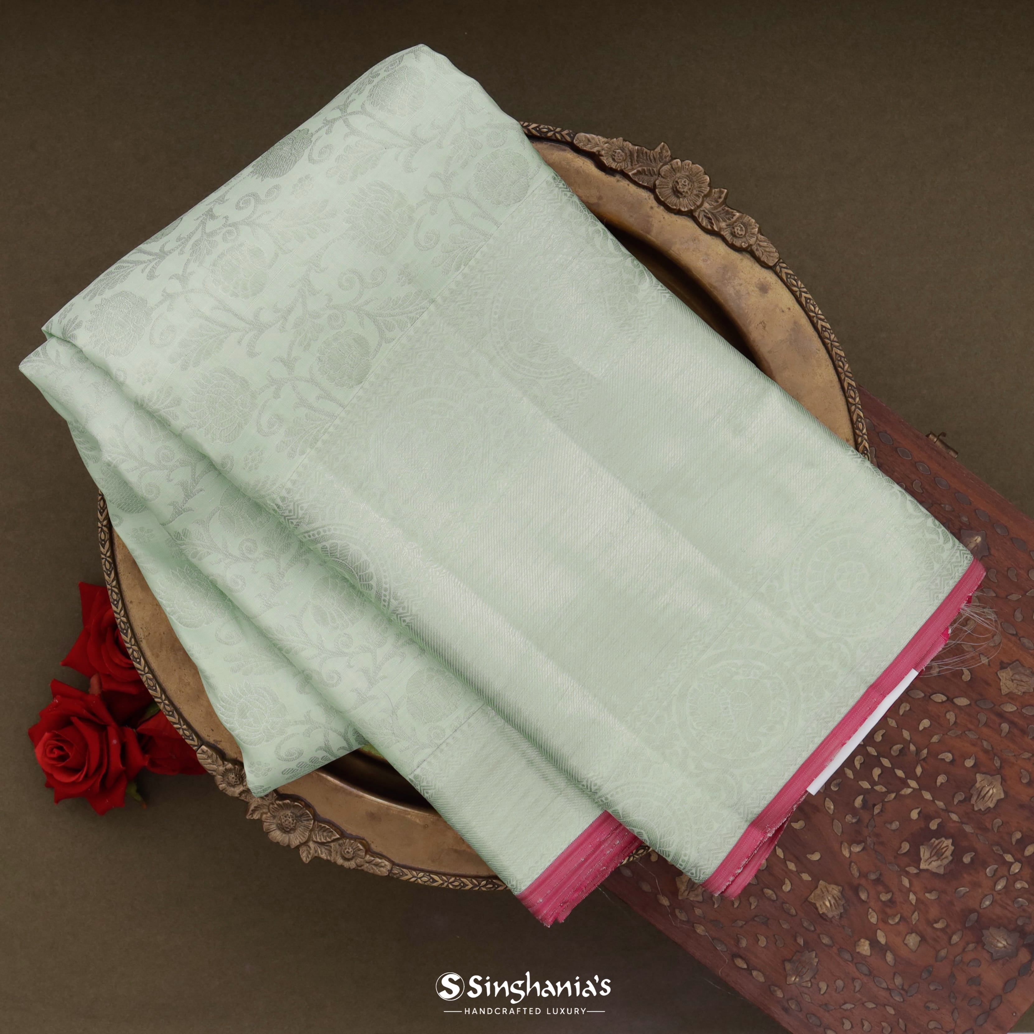 Pastel Green Kanjivaram Silk Saree With Floral Jaal Design