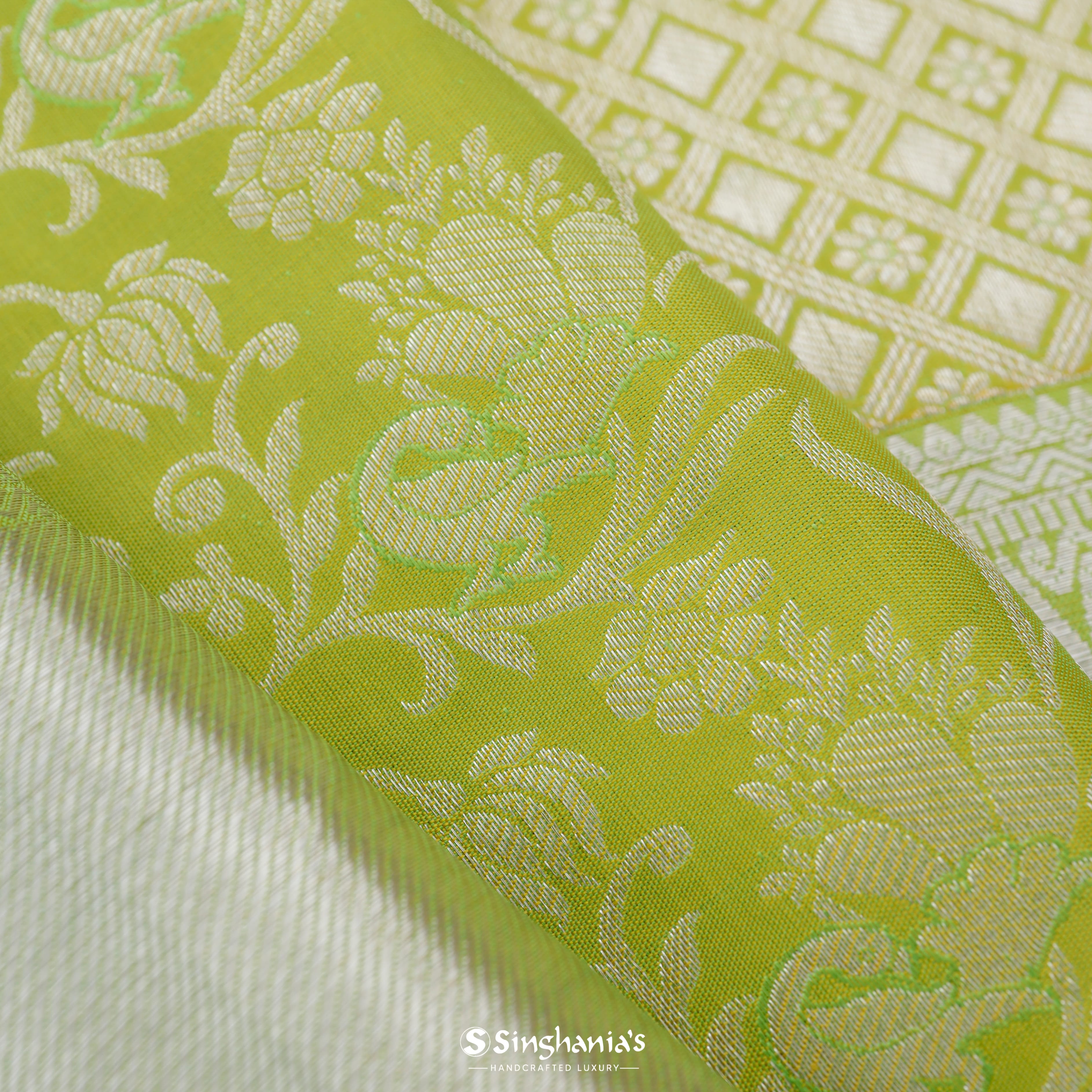 Light Lime Green Kanjivaram Silk Saree With Floral Jaal Design