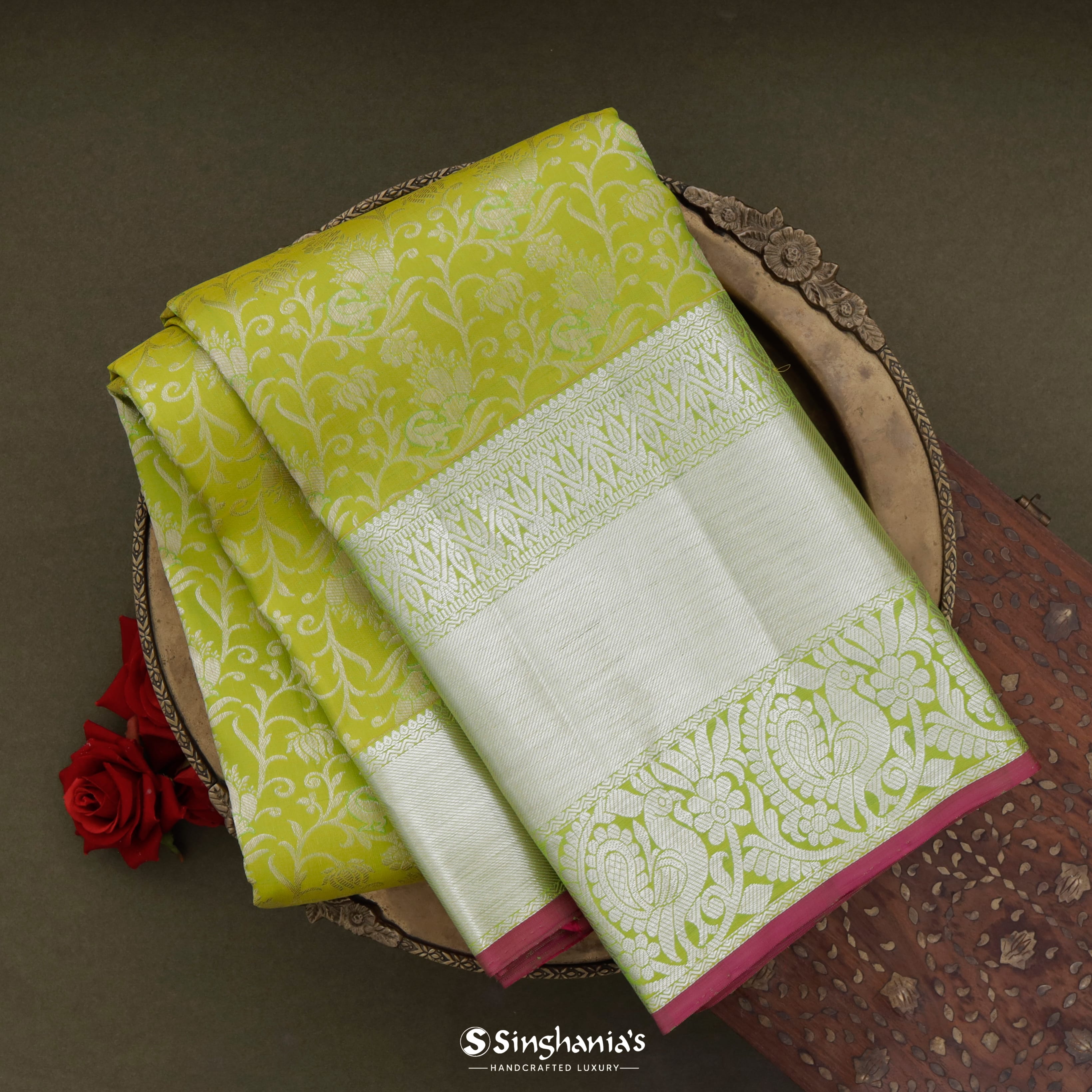 Light Lime Green Kanjivaram Silk Saree With Floral Jaal Design