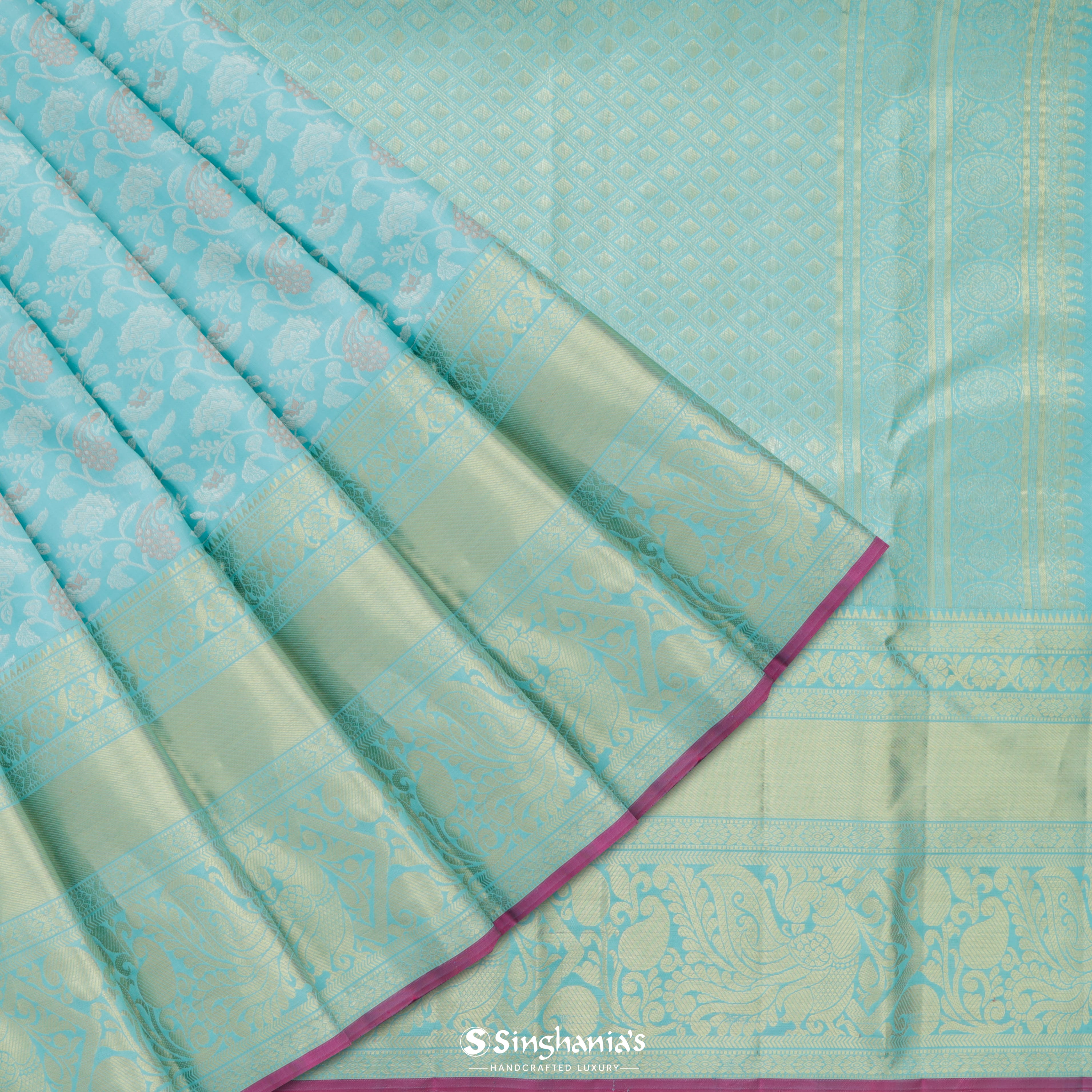 Sky Blue Kanjivaram Silk Saree With Floral Jaal Design