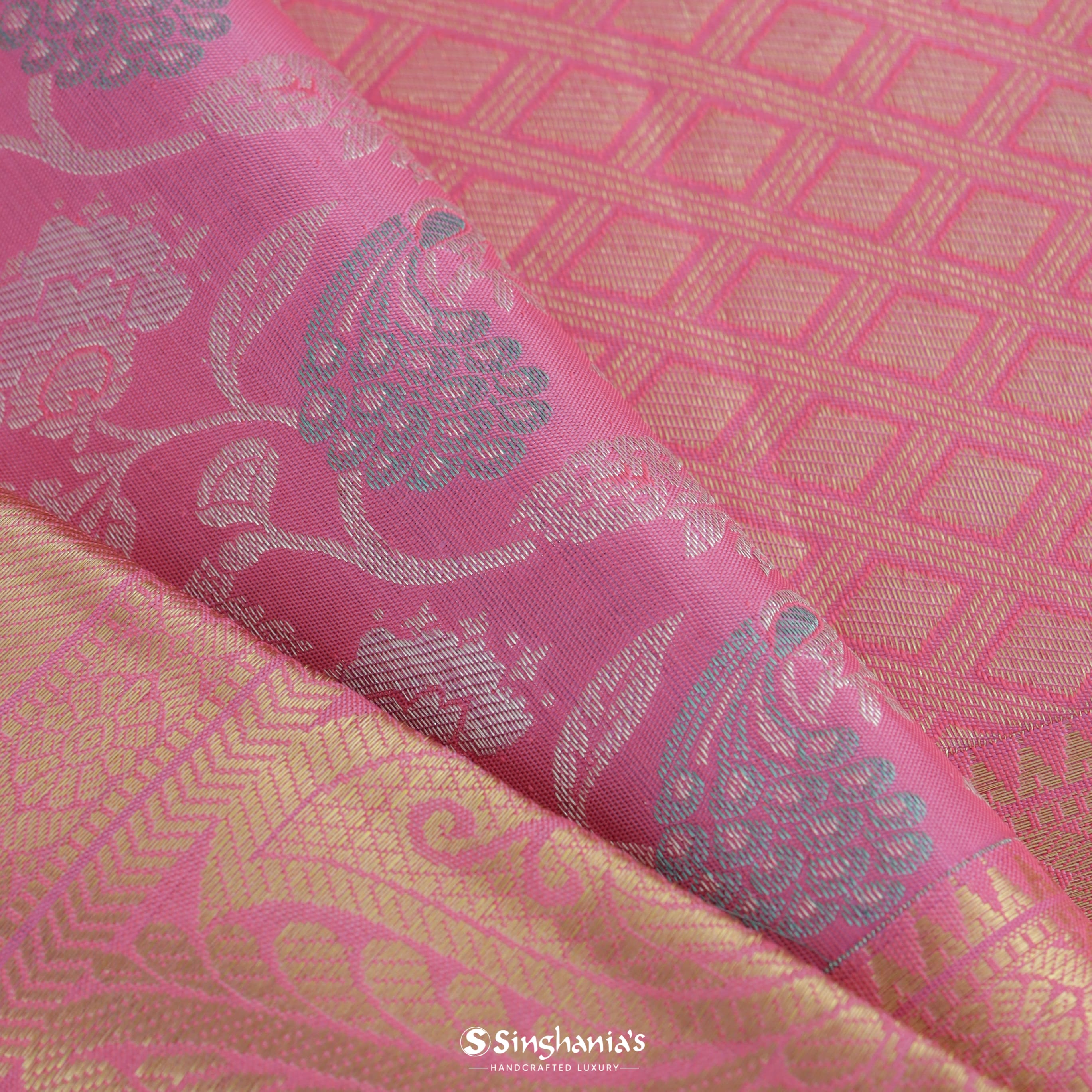 Taffy Pink Kanjivaram Silk Saree With Floral Jaal Pattern