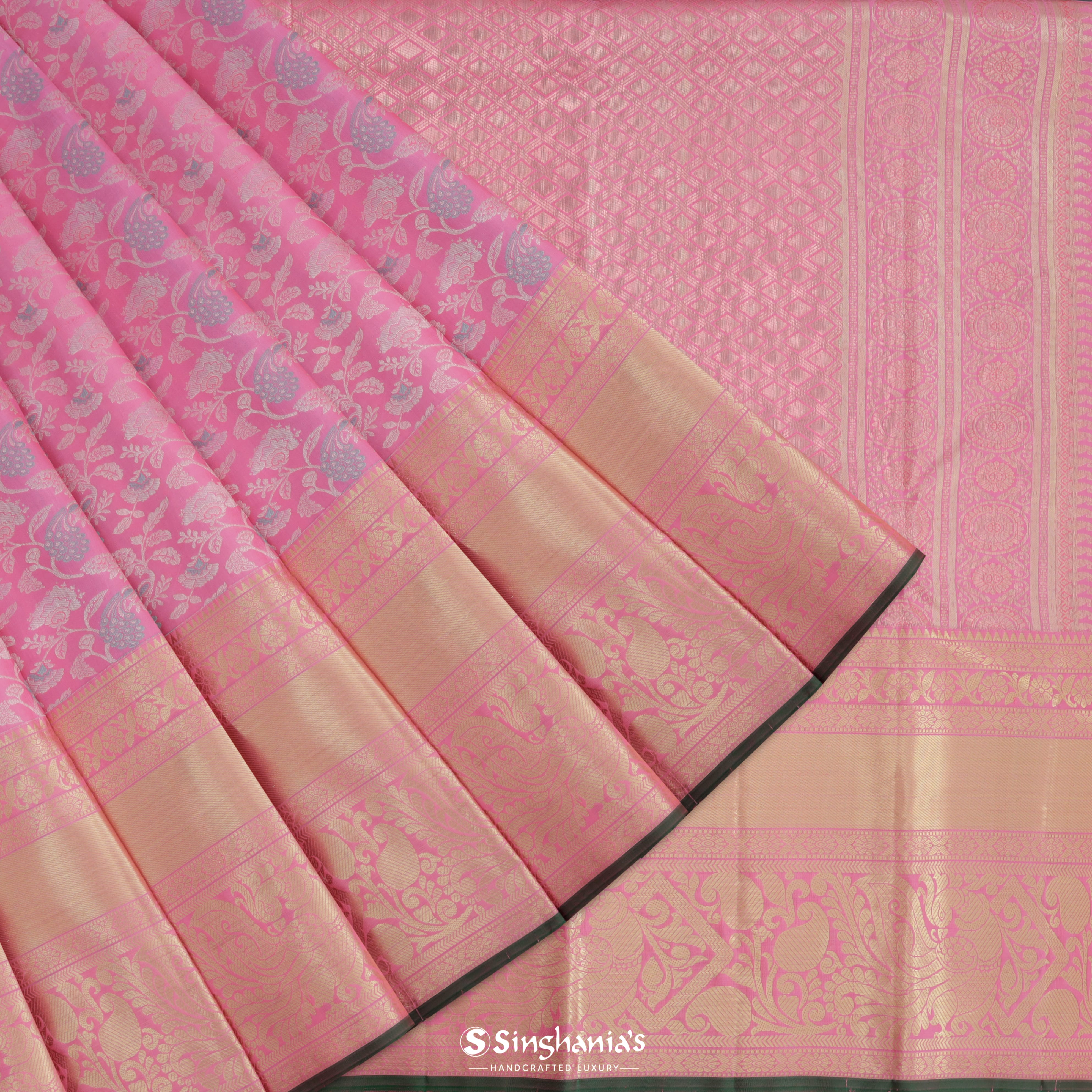 Taffy Pink Kanjivaram Silk Saree With Floral Jaal Pattern