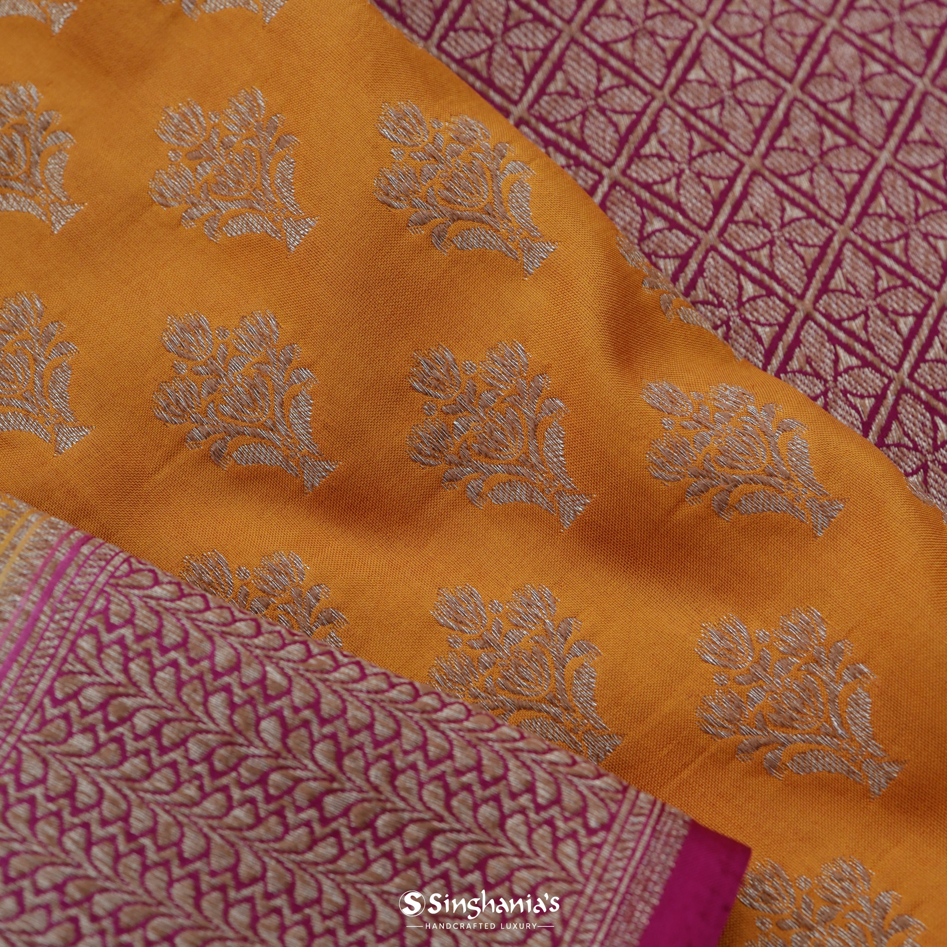 Orange Yellow Silk Banarasi Saree With Floral Buttis