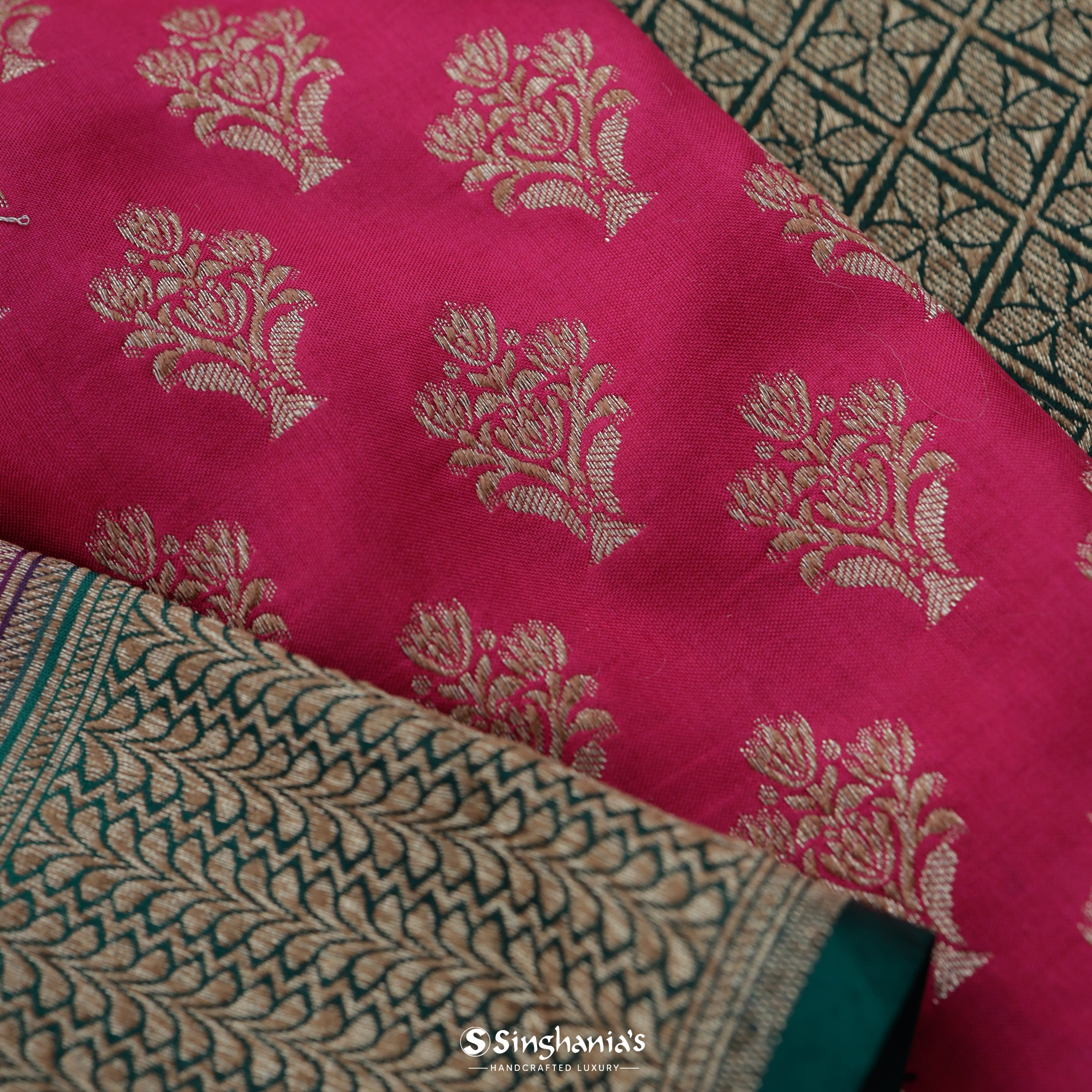 Hot Pink Silk Banarasi Saree With Floral Buttis