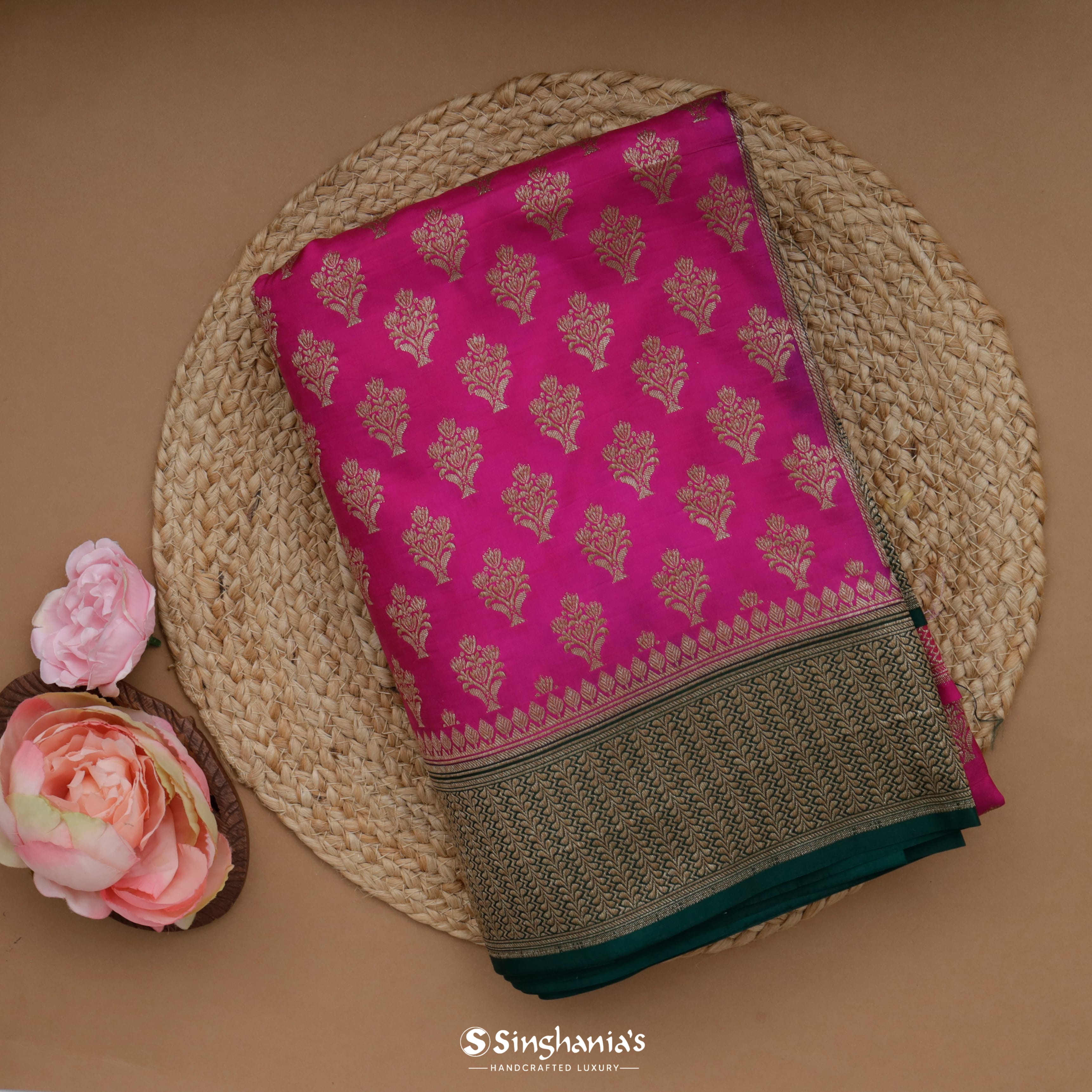 Hot Pink Silk Banarasi Saree With Floral Buttis