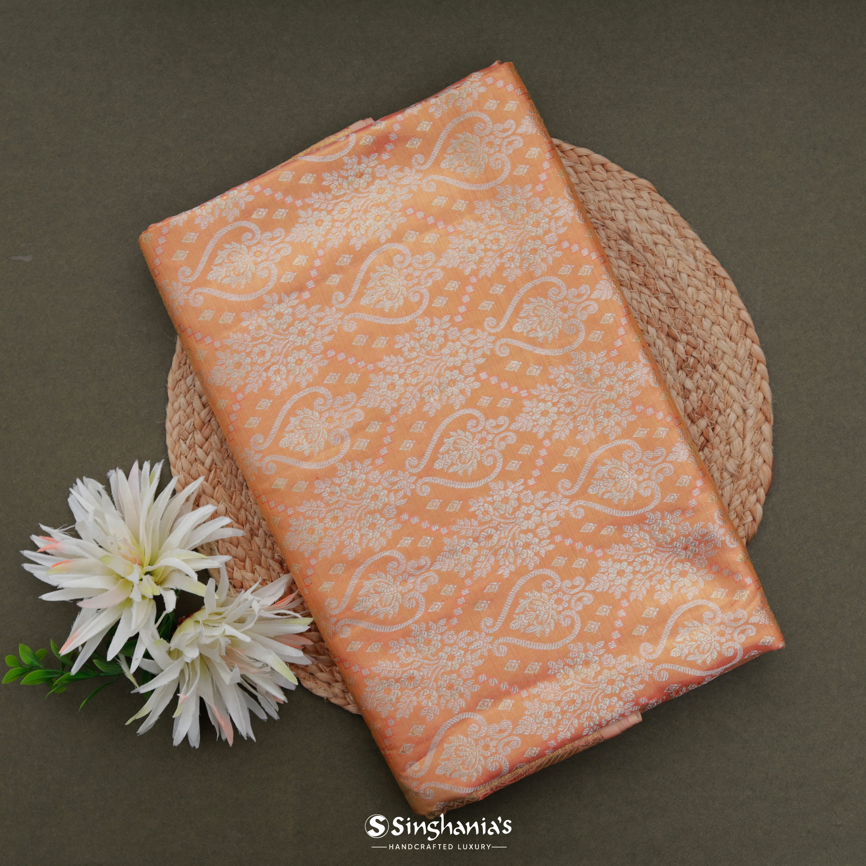 Frosty Melon Orange Kanjivaram Silk Saree With Floral Pattern
