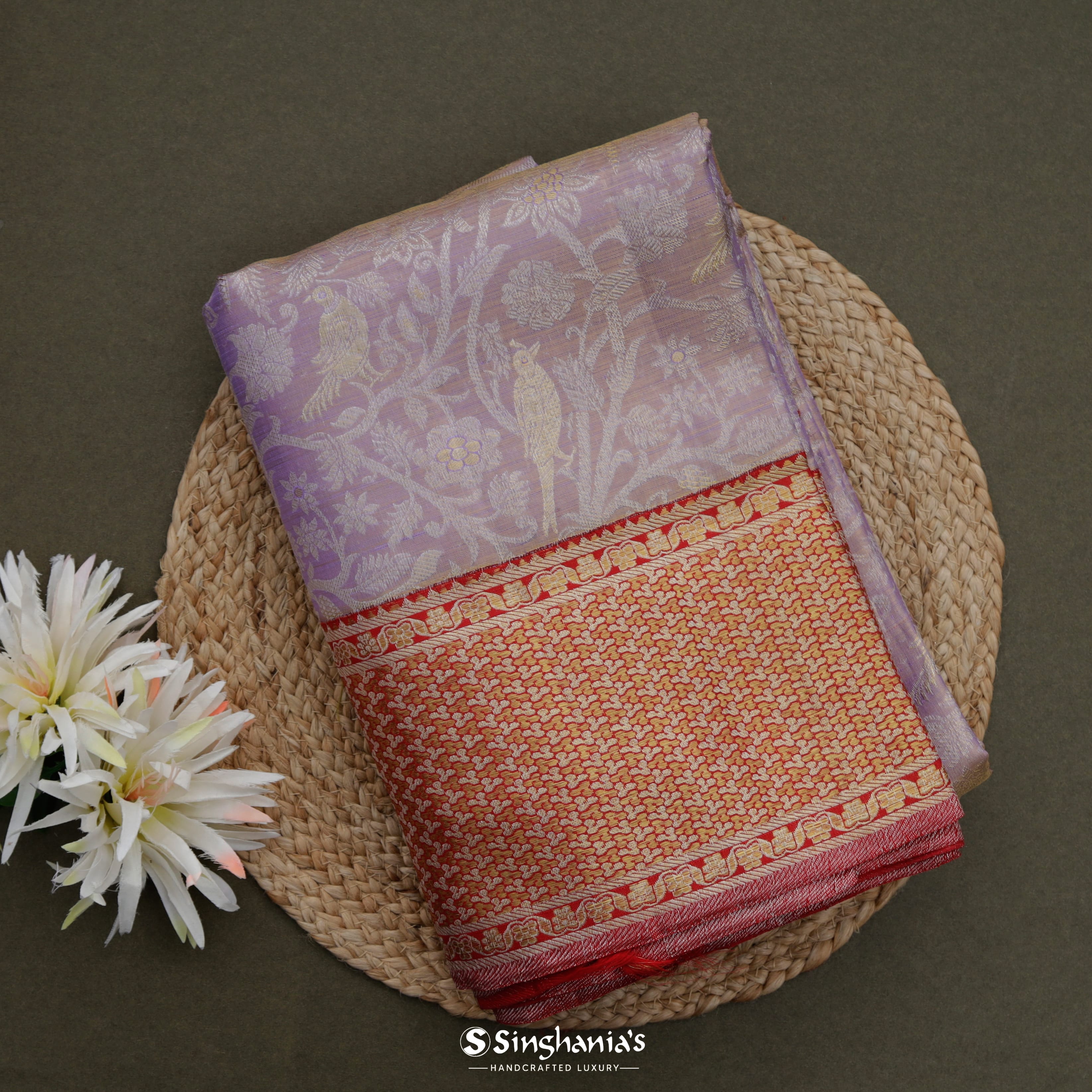 Light Purple Kanjivaram Silk Saree With Nature Inspired Motif Pattern