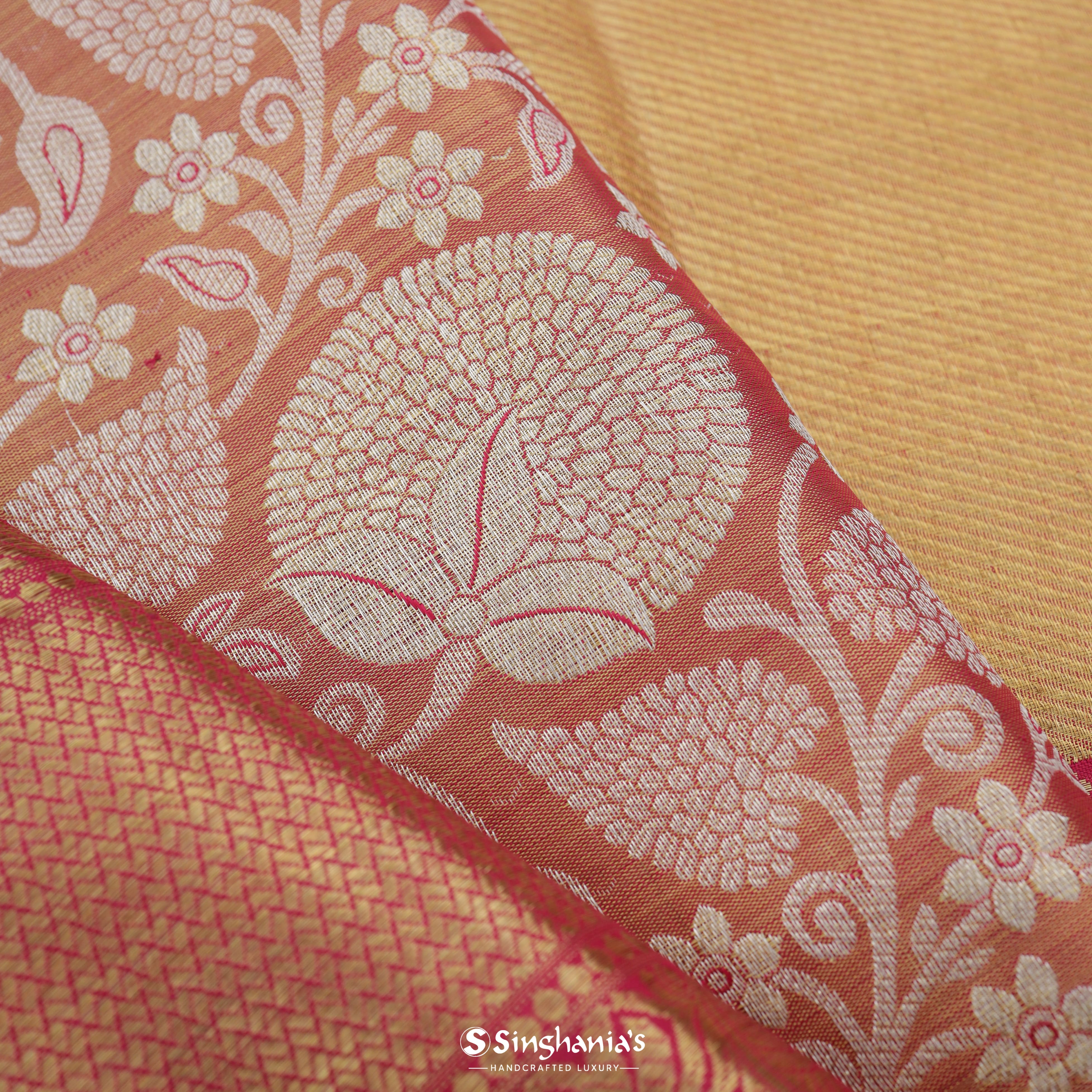 Coral Kanjivaram Silk Saree With Floral Jaal Pattern