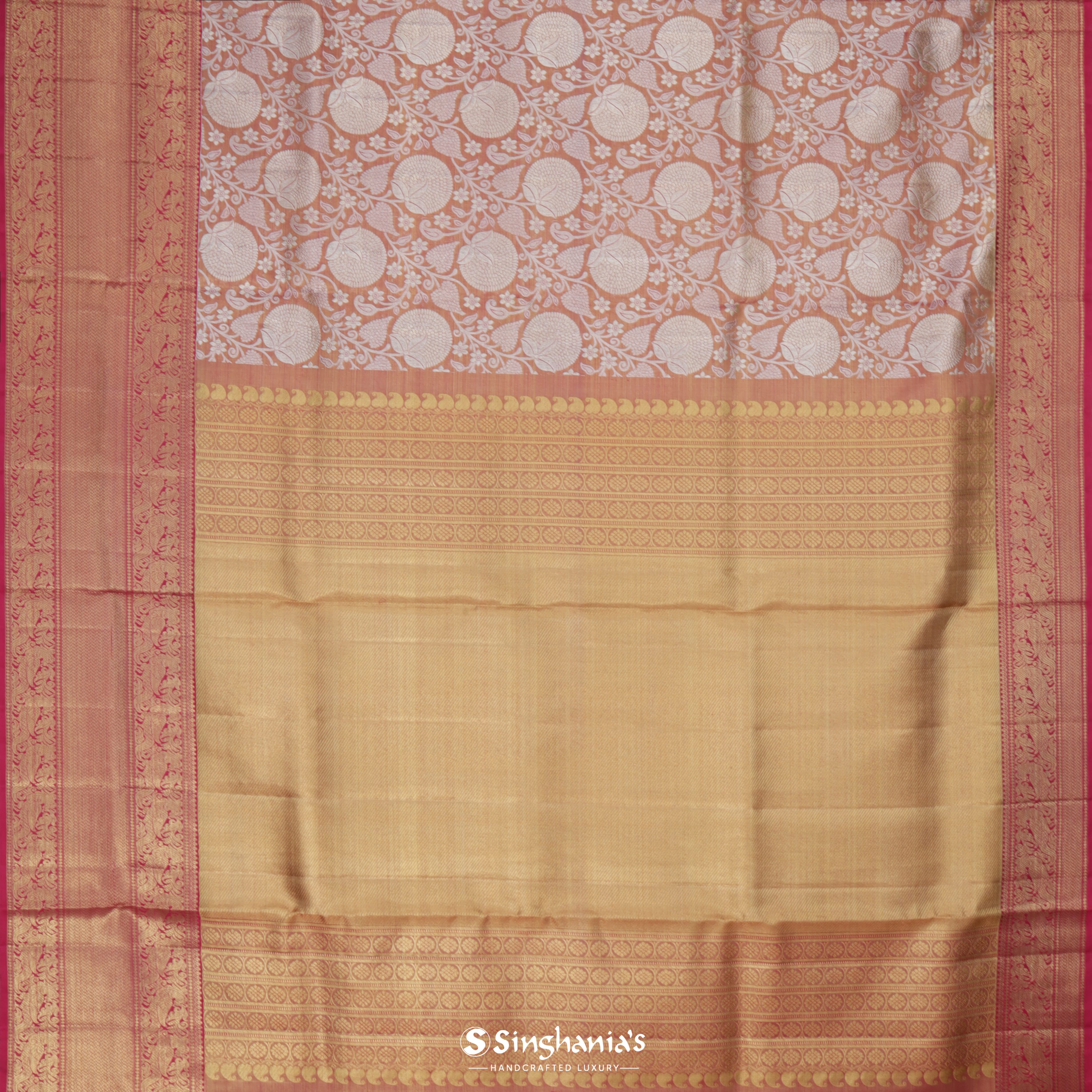 Coral Kanjivaram Silk Saree With Floral Jaal Pattern