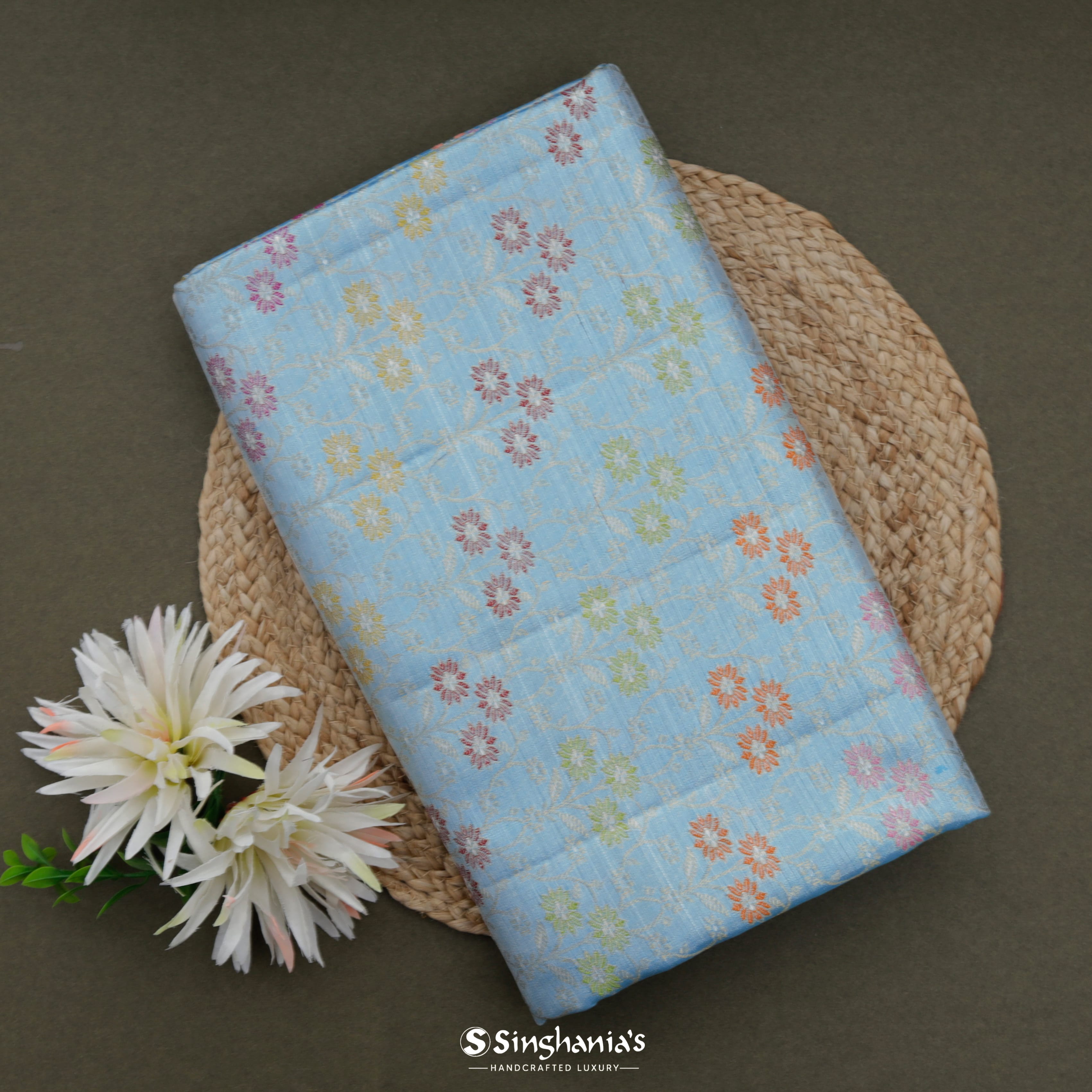 Soft Blue Kanjivaram Silk Saree With Floral Design