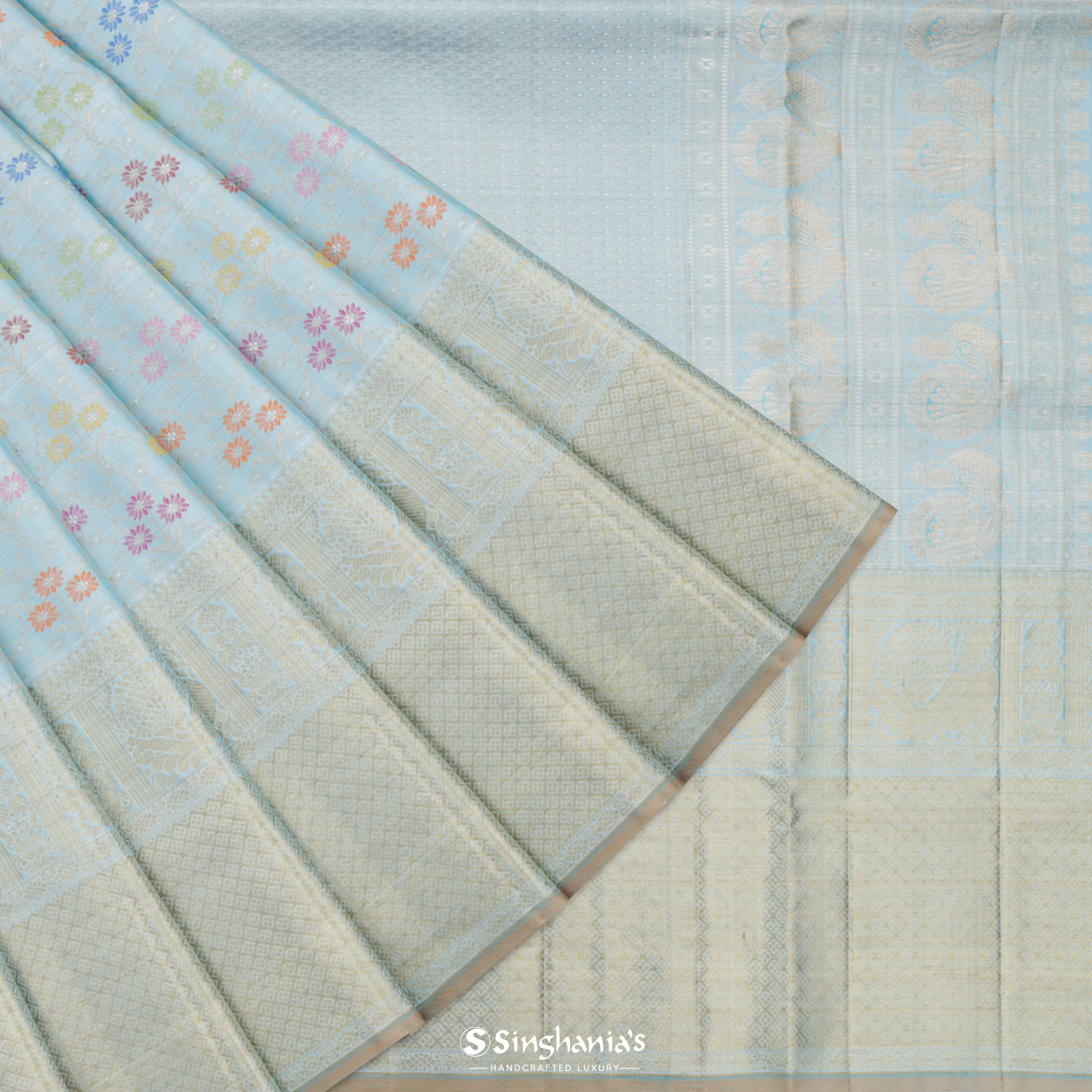 Soft Blue Kanjivaram Silk Saree With Floral Design
