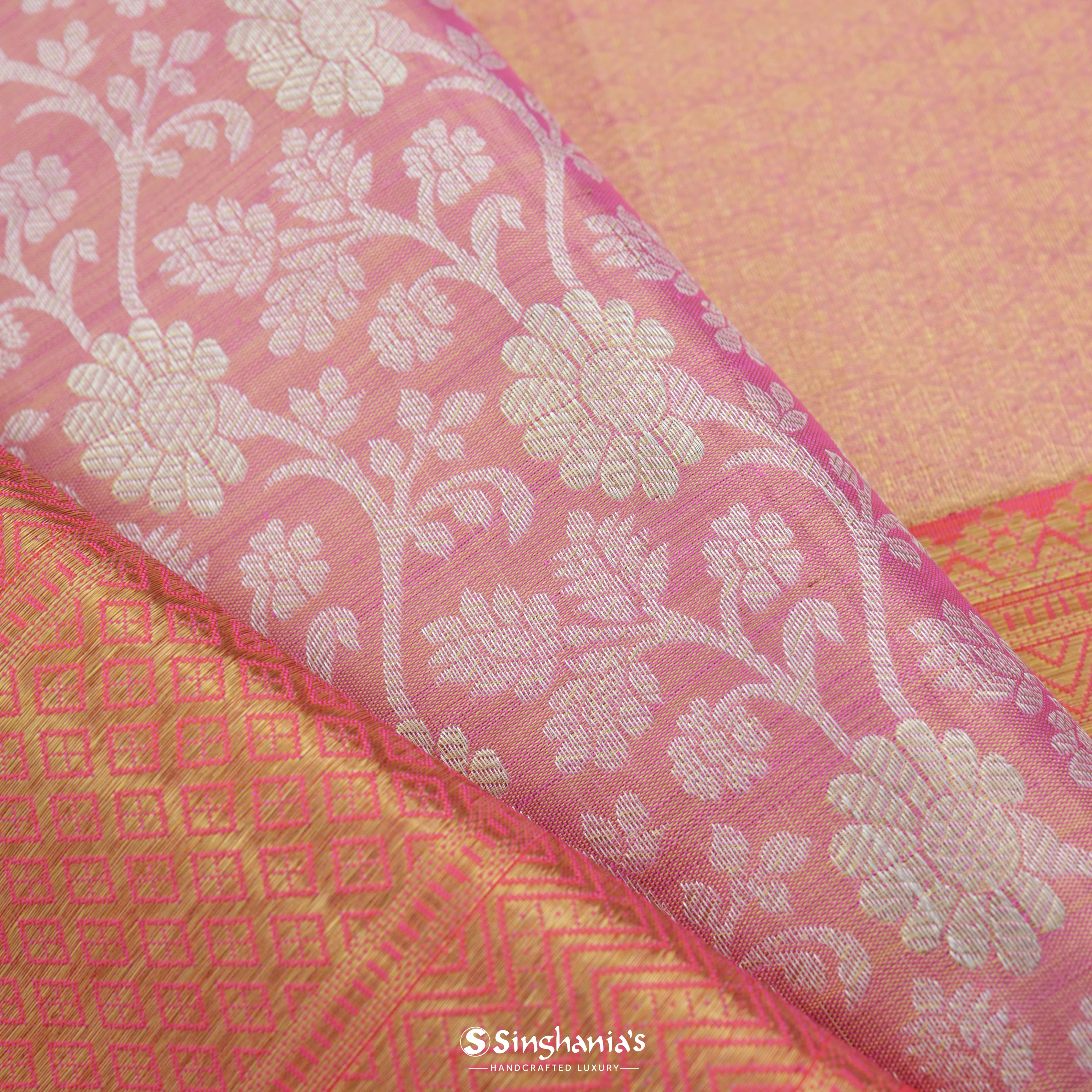 Flamingo Pink Kanjivaram Silk Saree With Floral Jaal Design