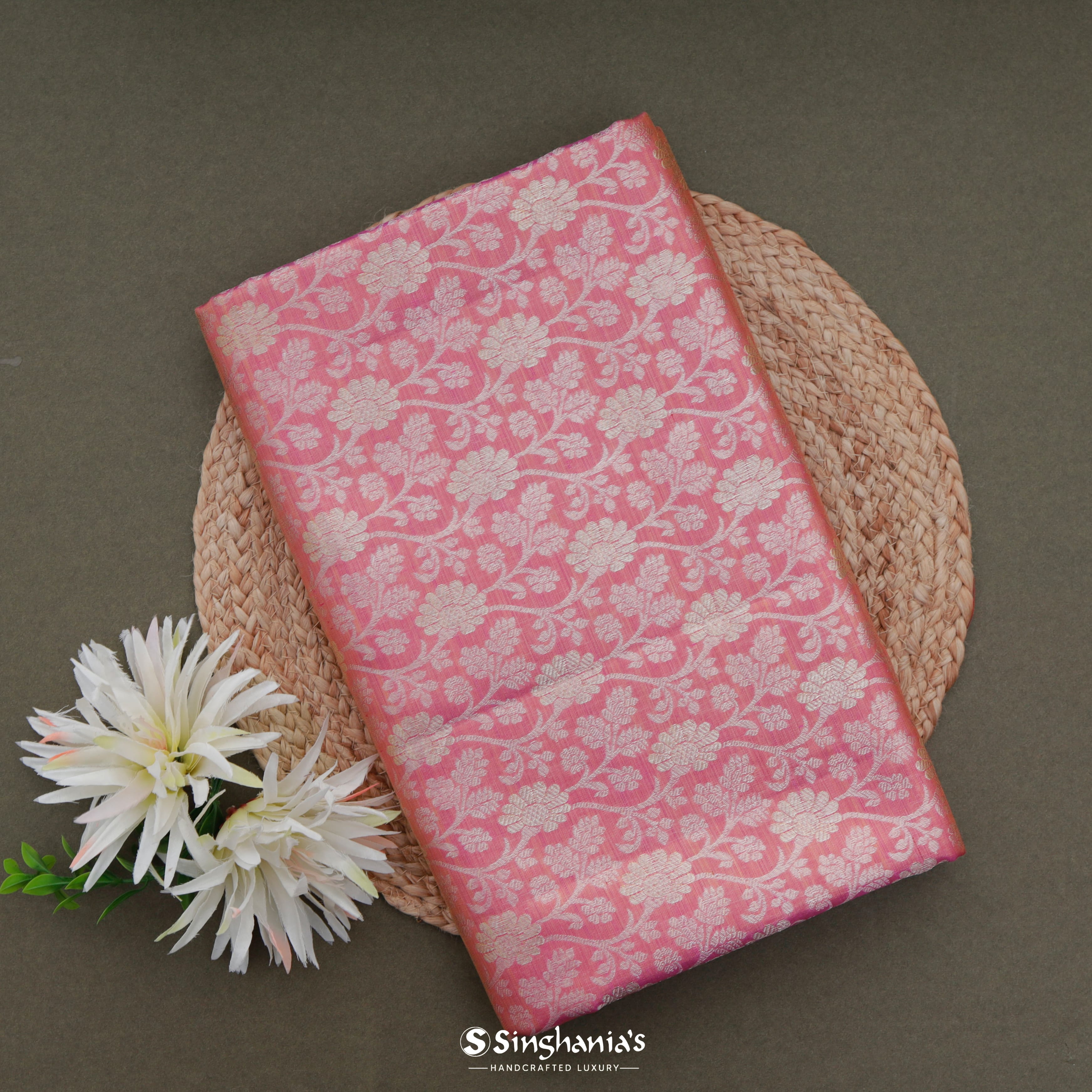 Flamingo Pink Kanjivaram Silk Saree With Floral Jaal Design