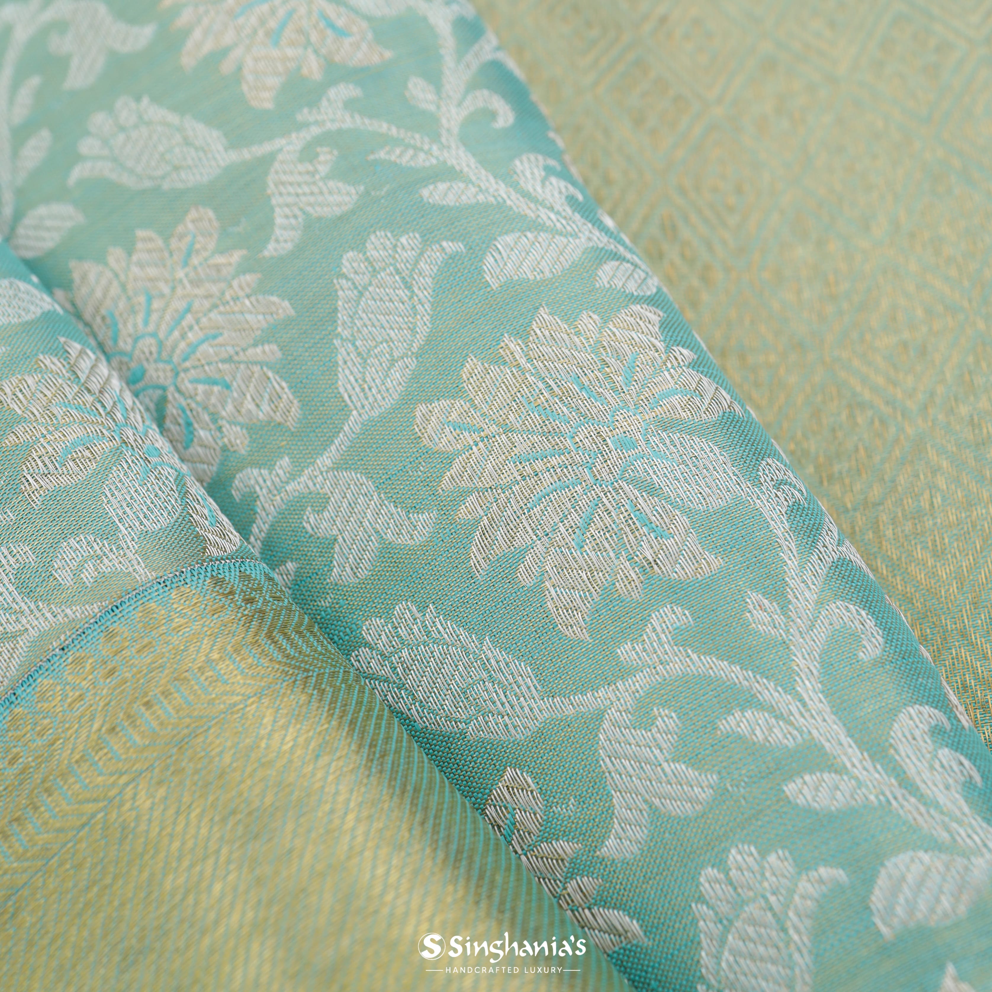 Mint Green Kanjivaram Silk Saree With Floral Jaal Pattern