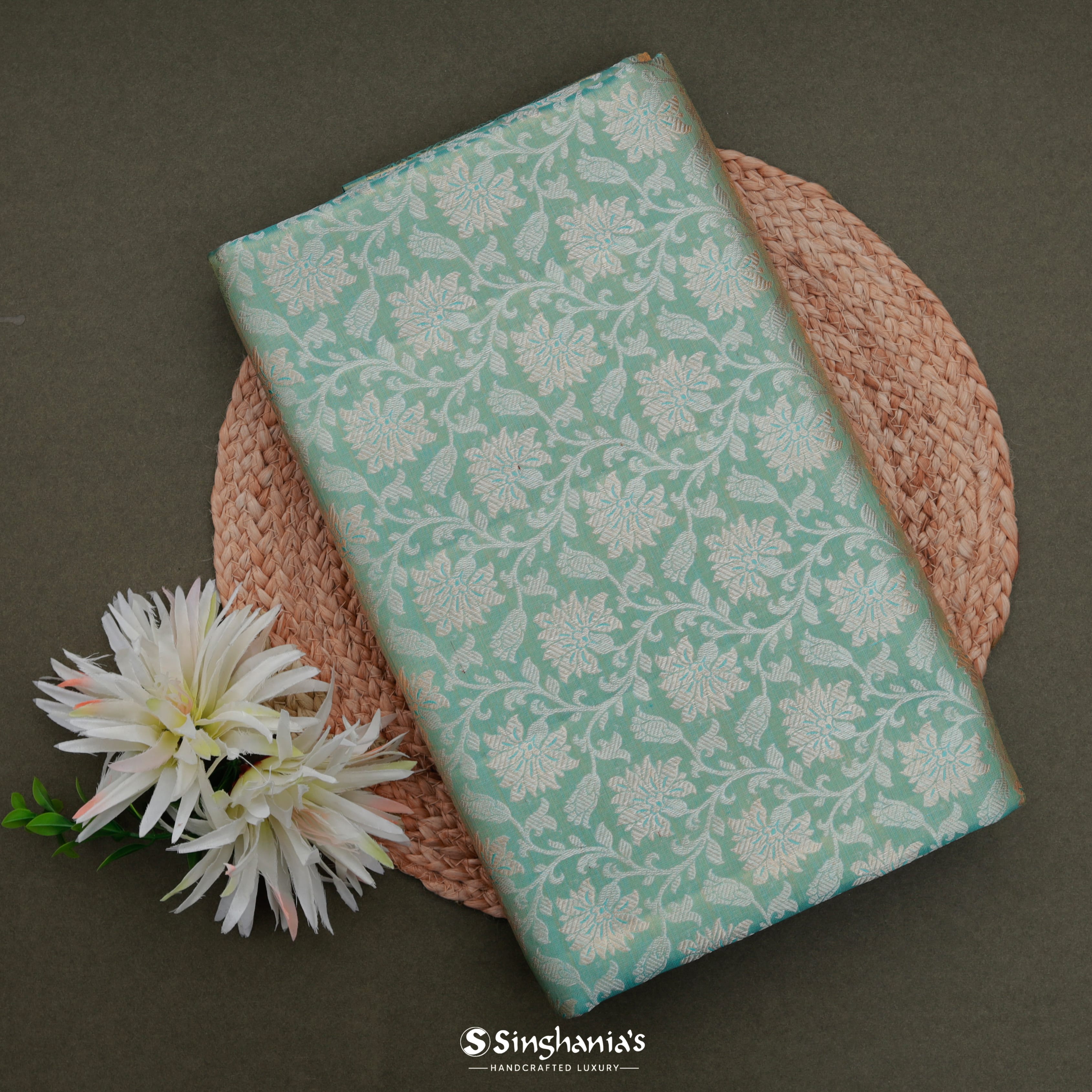 Mint Green Kanjivaram Silk Saree With Floral Jaal Pattern