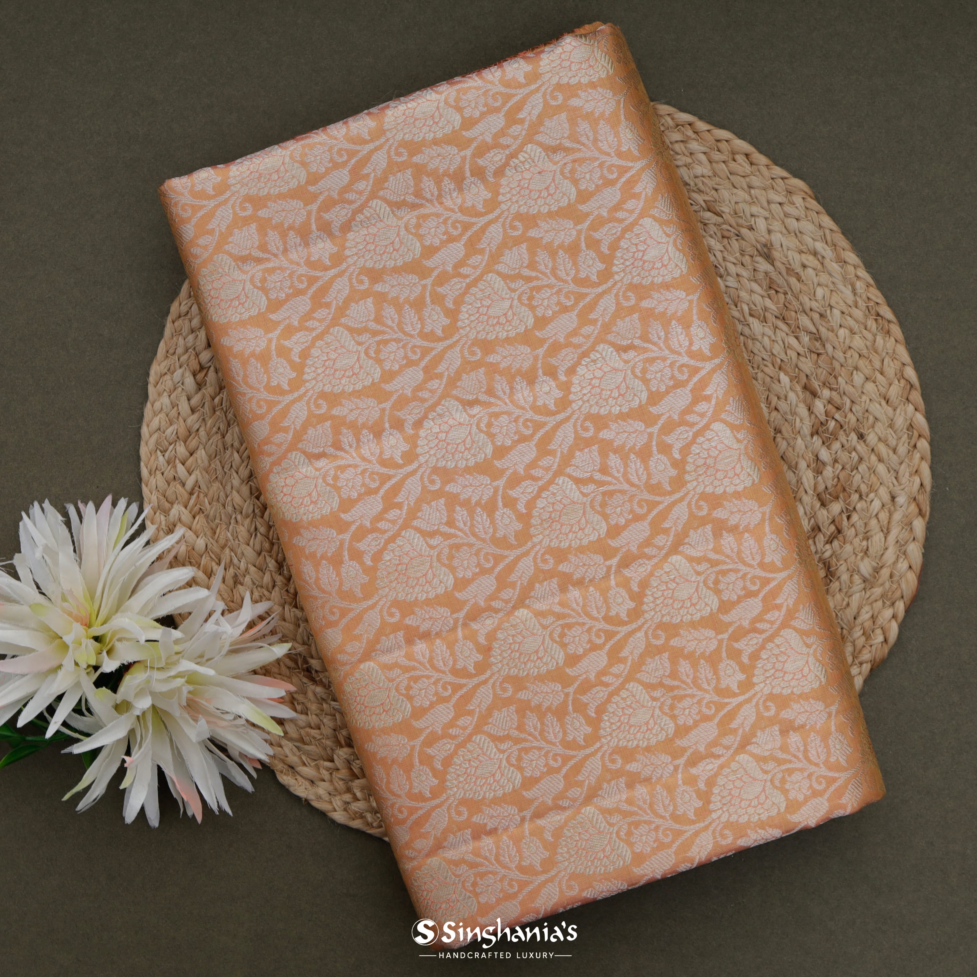 Peach Orange Kanjivaram Silk Saree With Floral Jaal Pattern