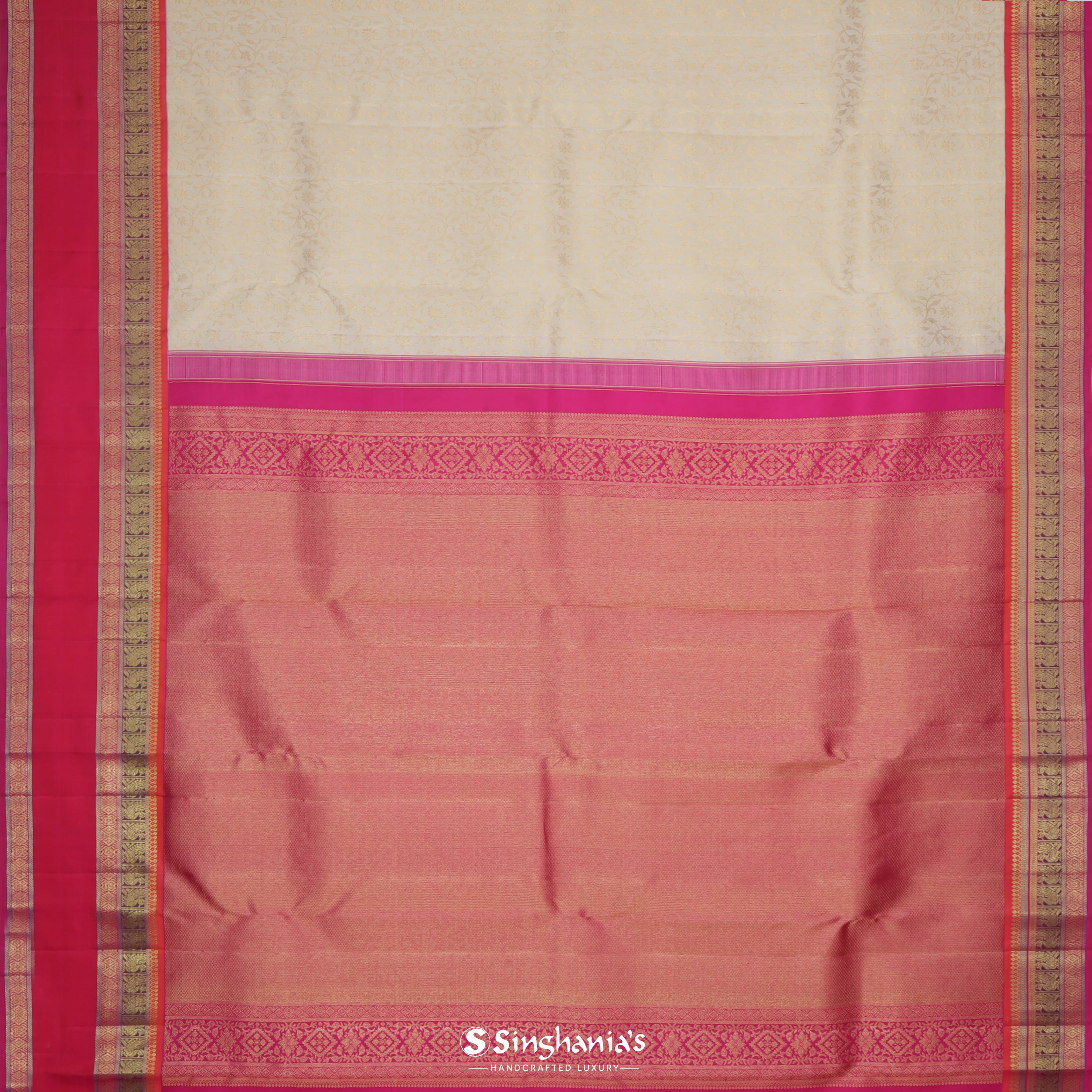 Daisy White Kanjivaram Silk Saree With Floral Jaal Pattern