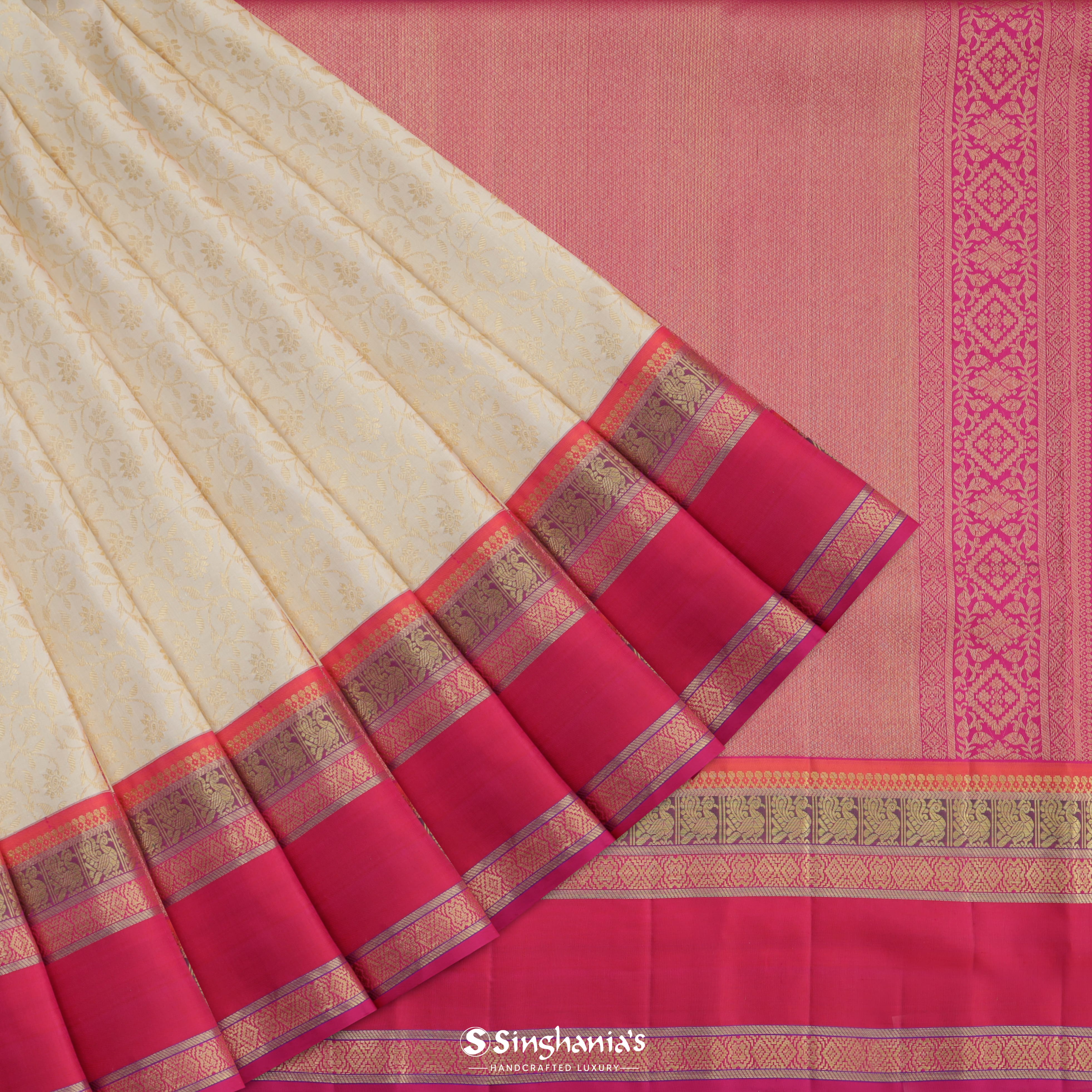 Daisy White Kanjivaram Silk Saree With Floral Jaal Pattern