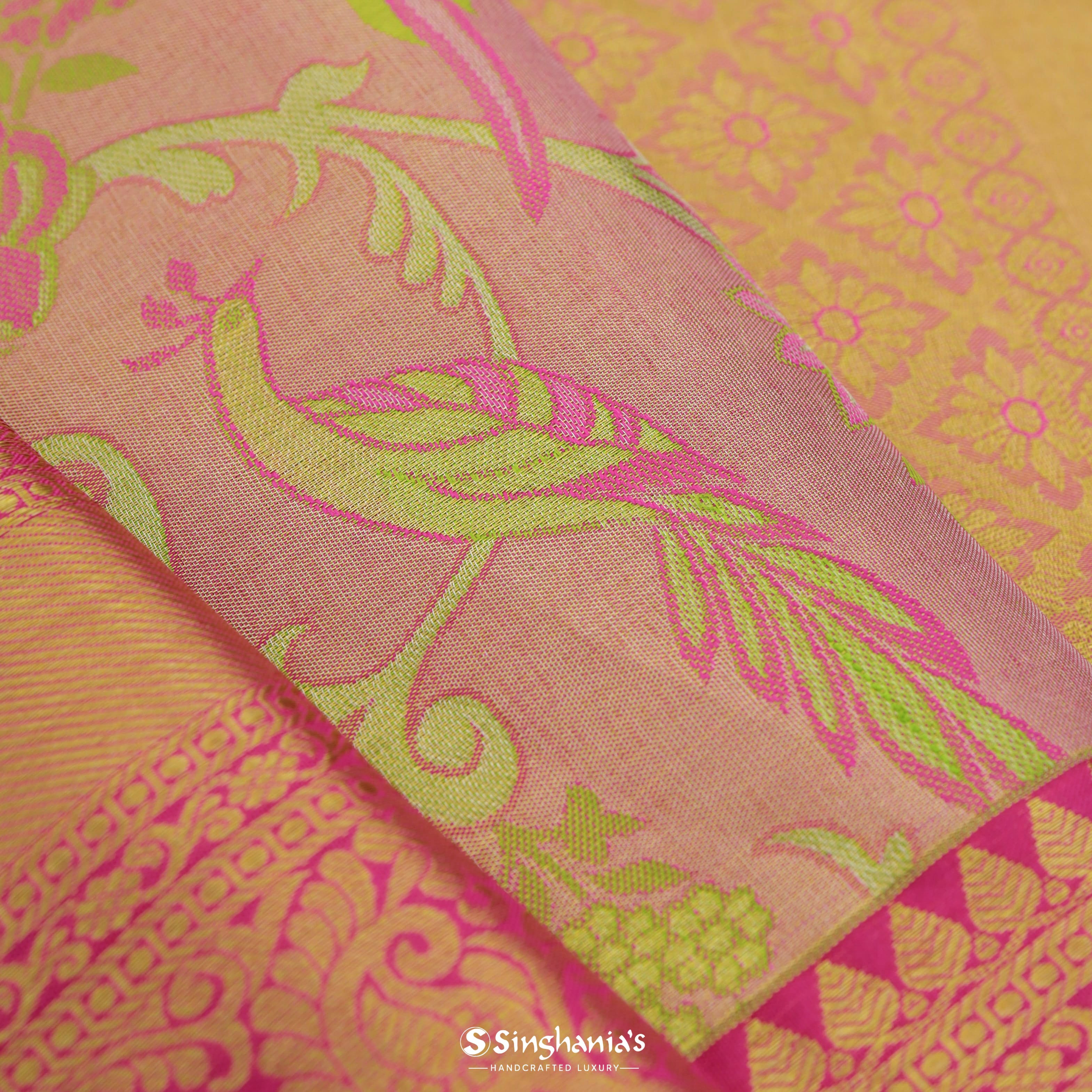 Melon Pink Kanjivaram Silk Saree With Nature Inspired Bird Motif Pattern