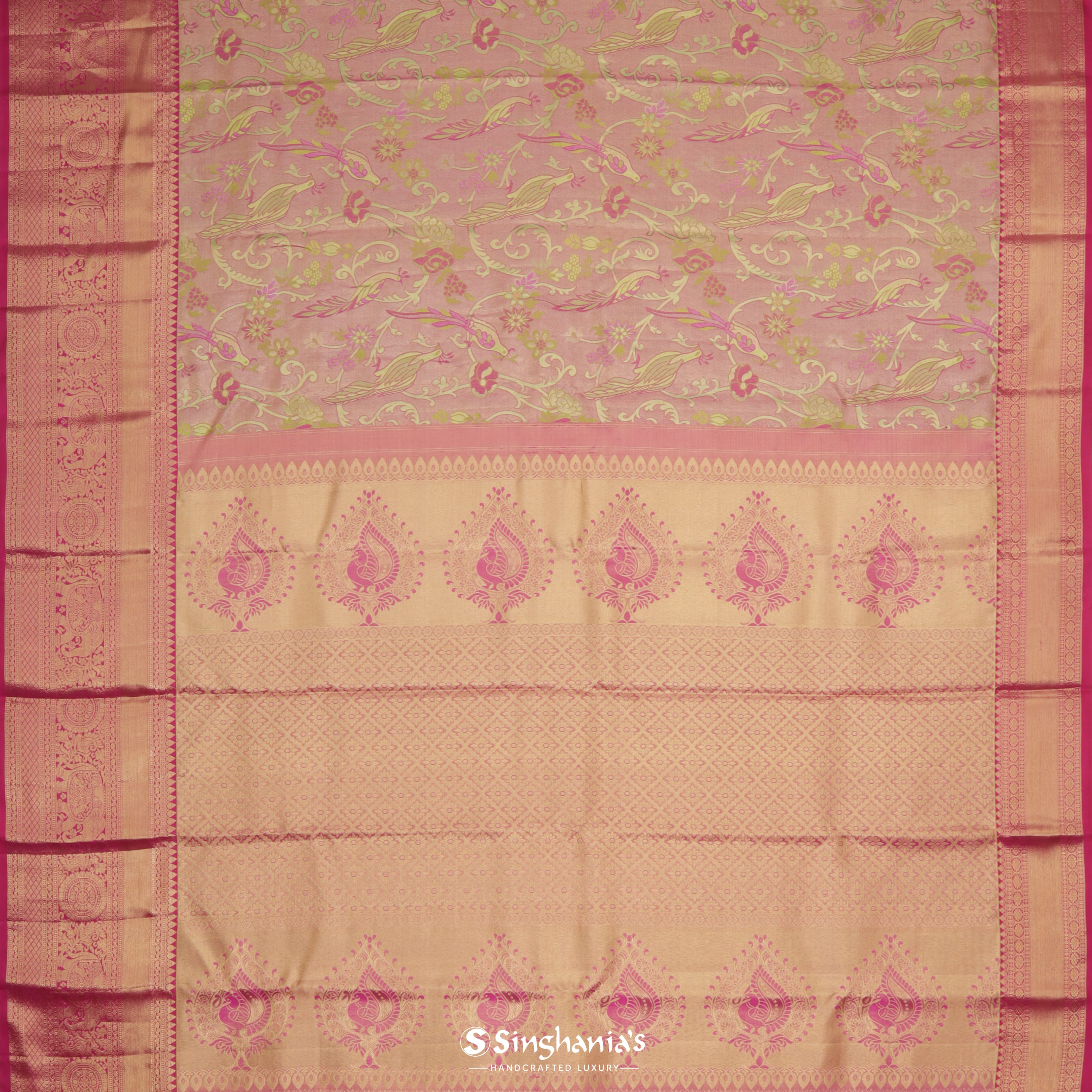 Melon Pink Kanjivaram Silk Saree With Nature Inspired Bird Motif Pattern