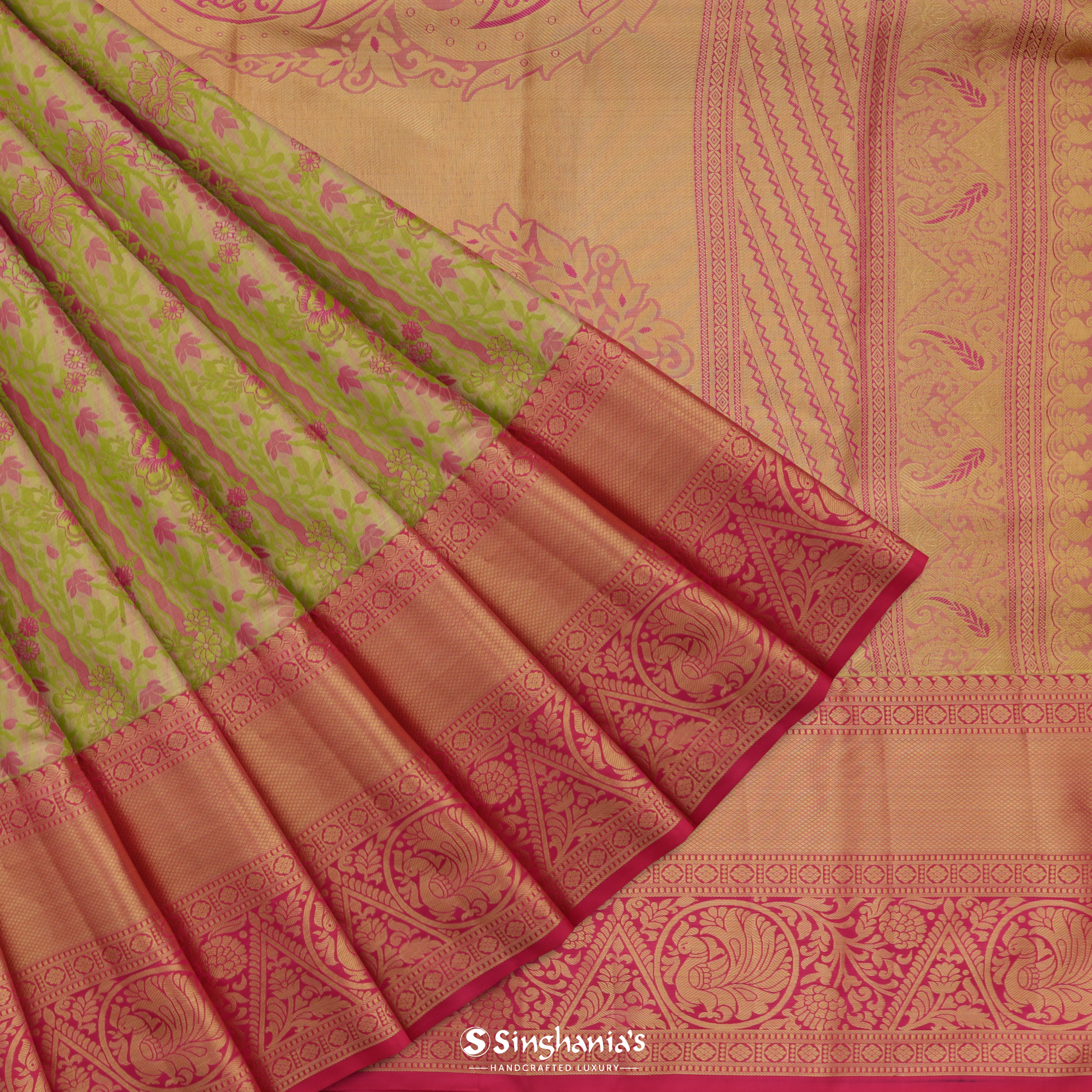 Parrot Green Kanjivaram Silk Saree With Floral Pattern