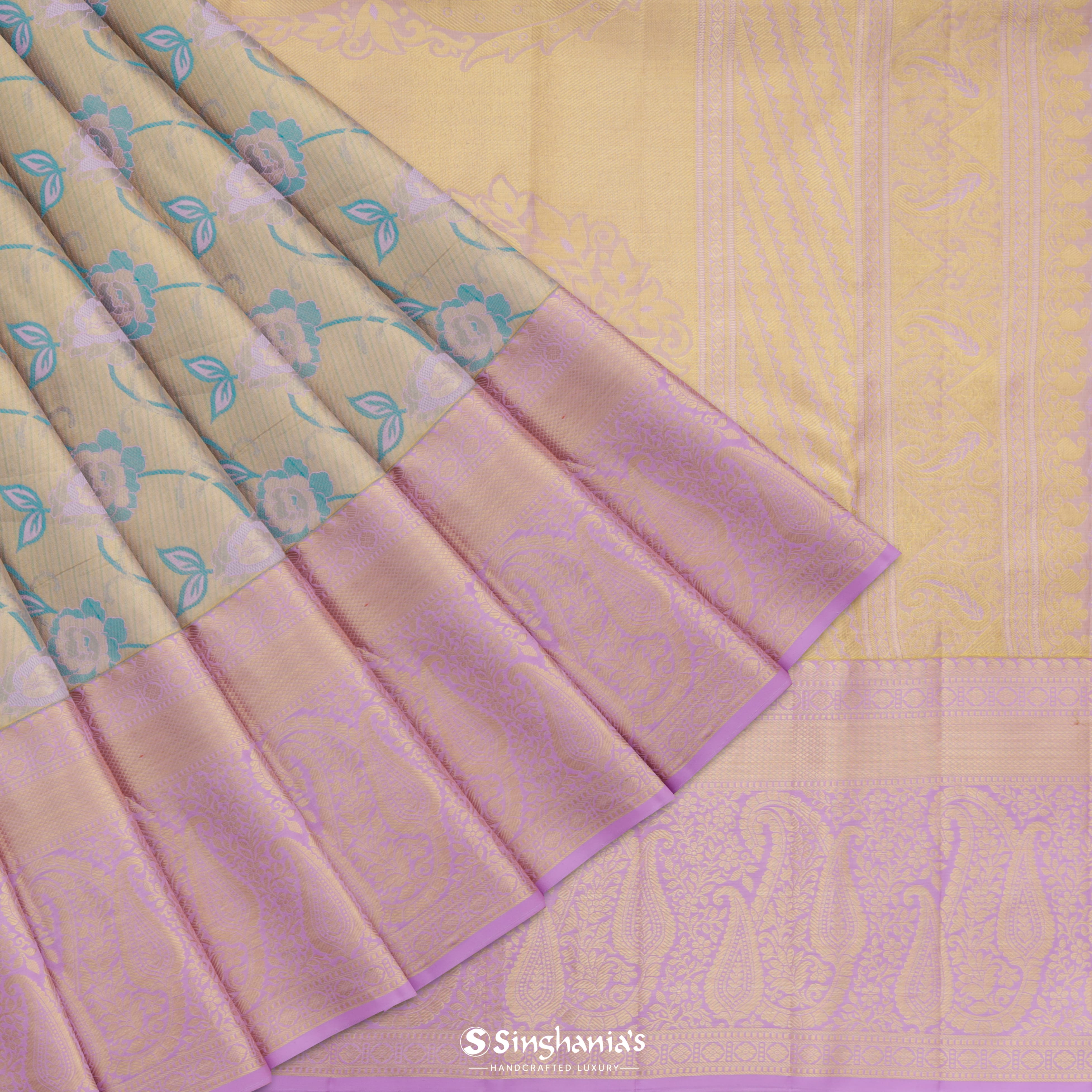 Mellow Yellow Kanjivaram Silk Saree With Floral Jaal Pattern