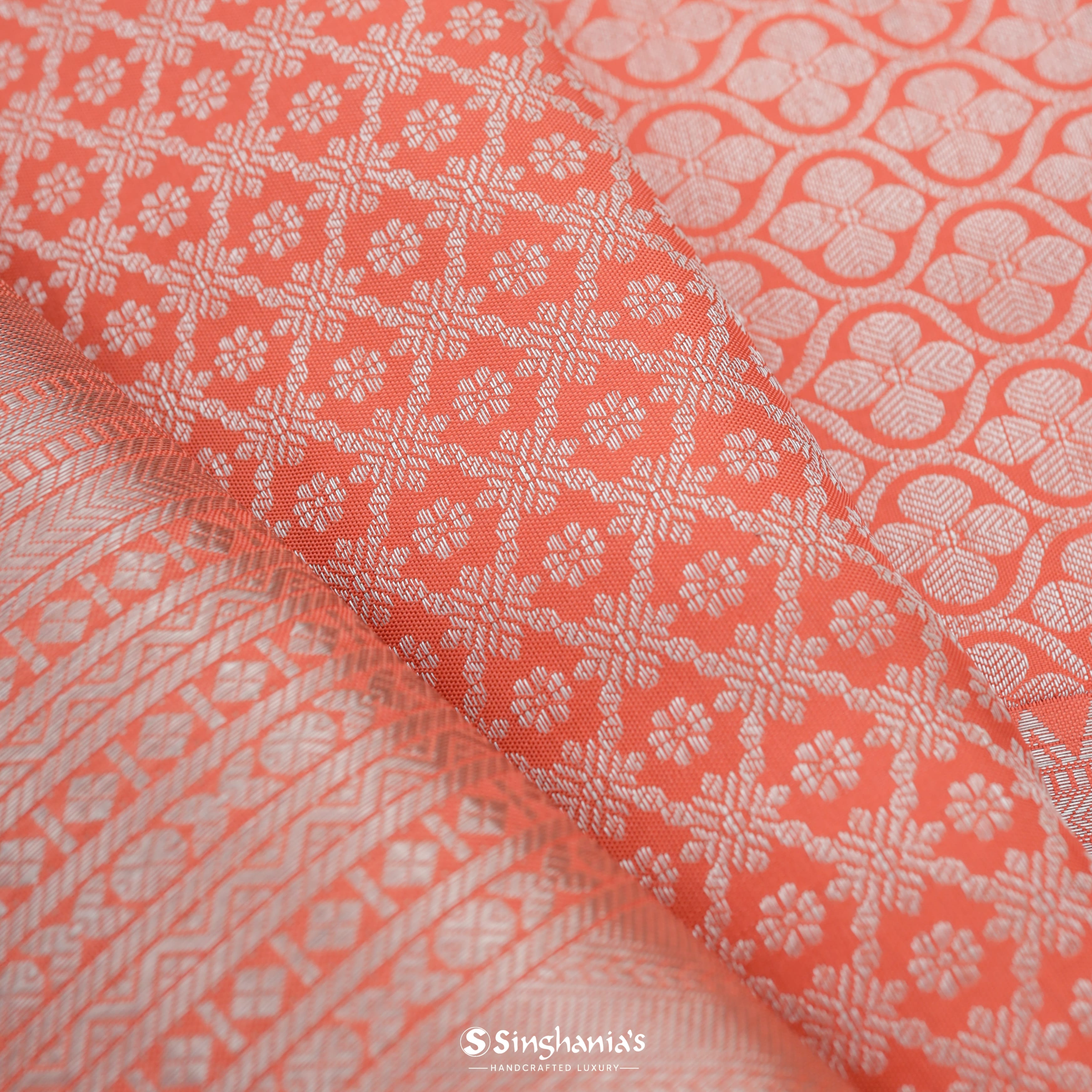 Coral Pink Kanjivaram Silk Saree With Floral Design