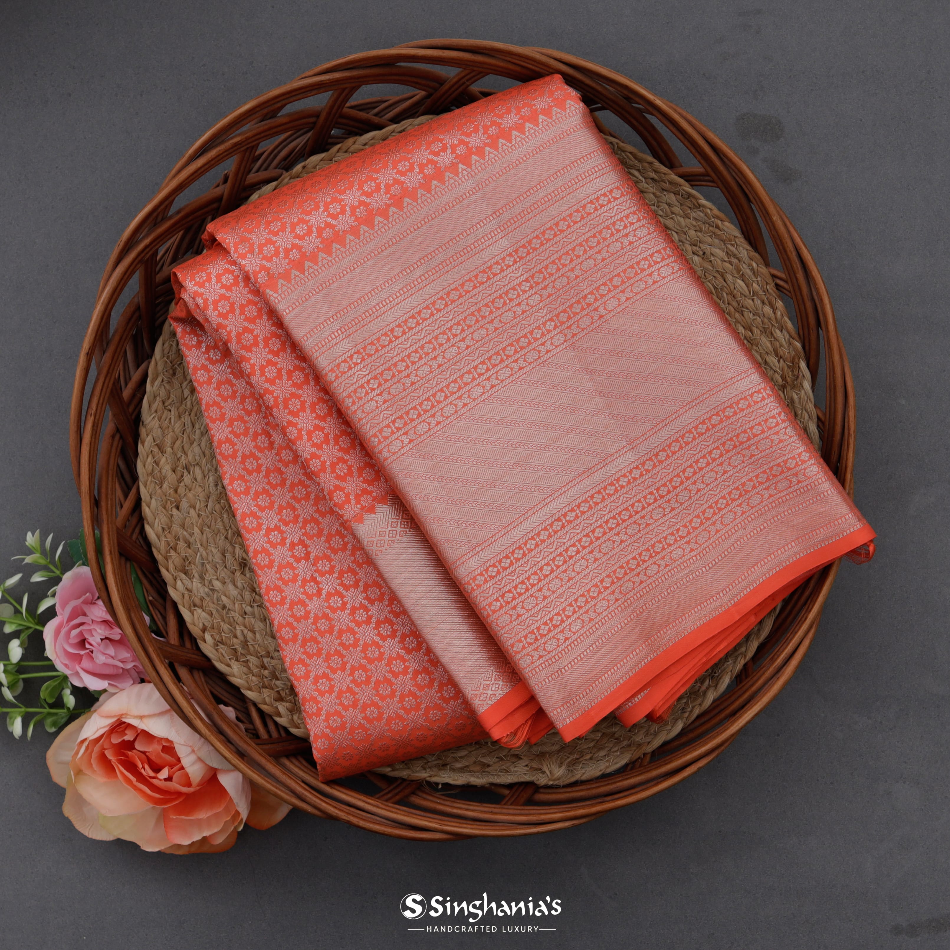 Coral Pink Kanjivaram Silk Saree With Floral Design