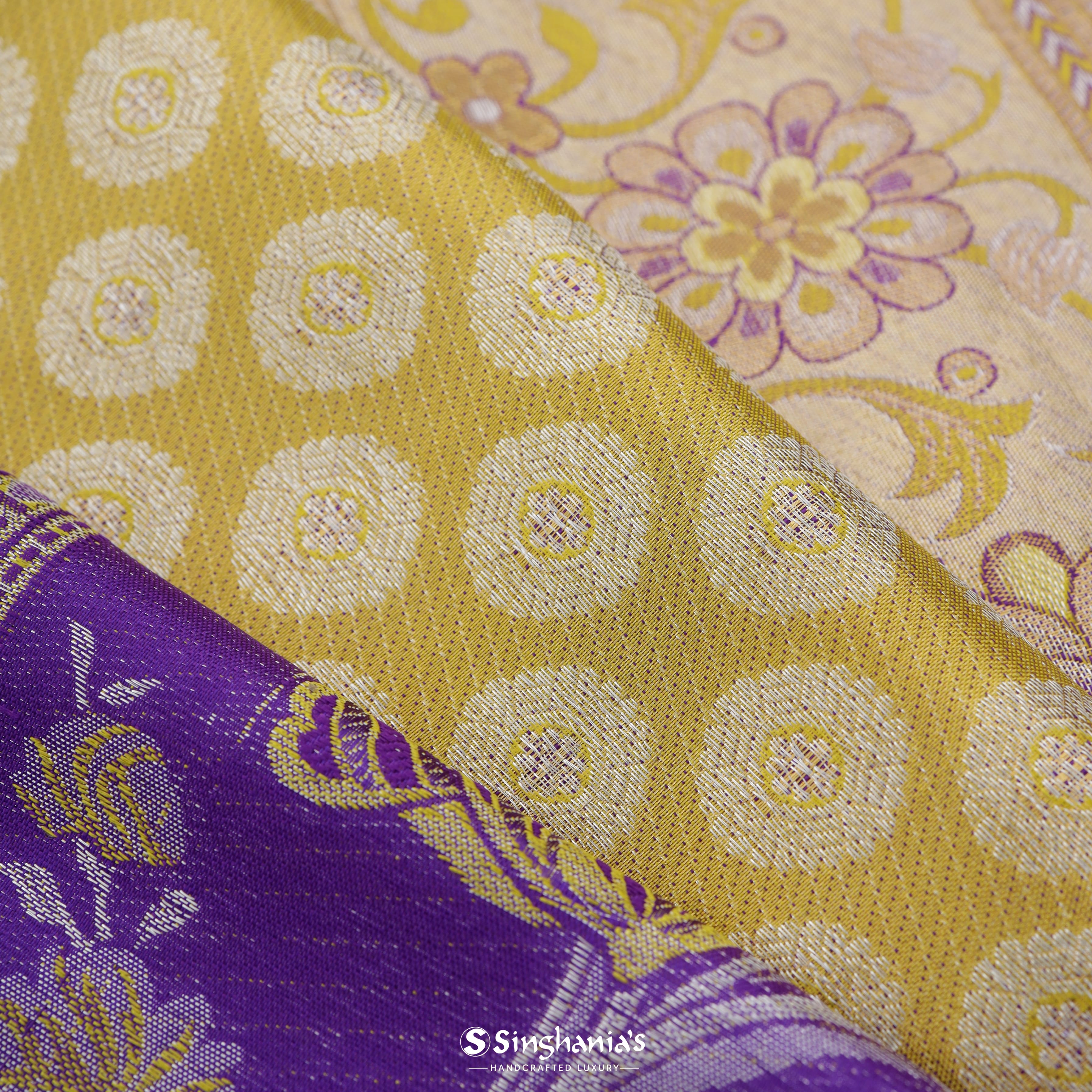 Sapphire Corn Yellow Kanjivaram Silk Saree With Floral Buttas