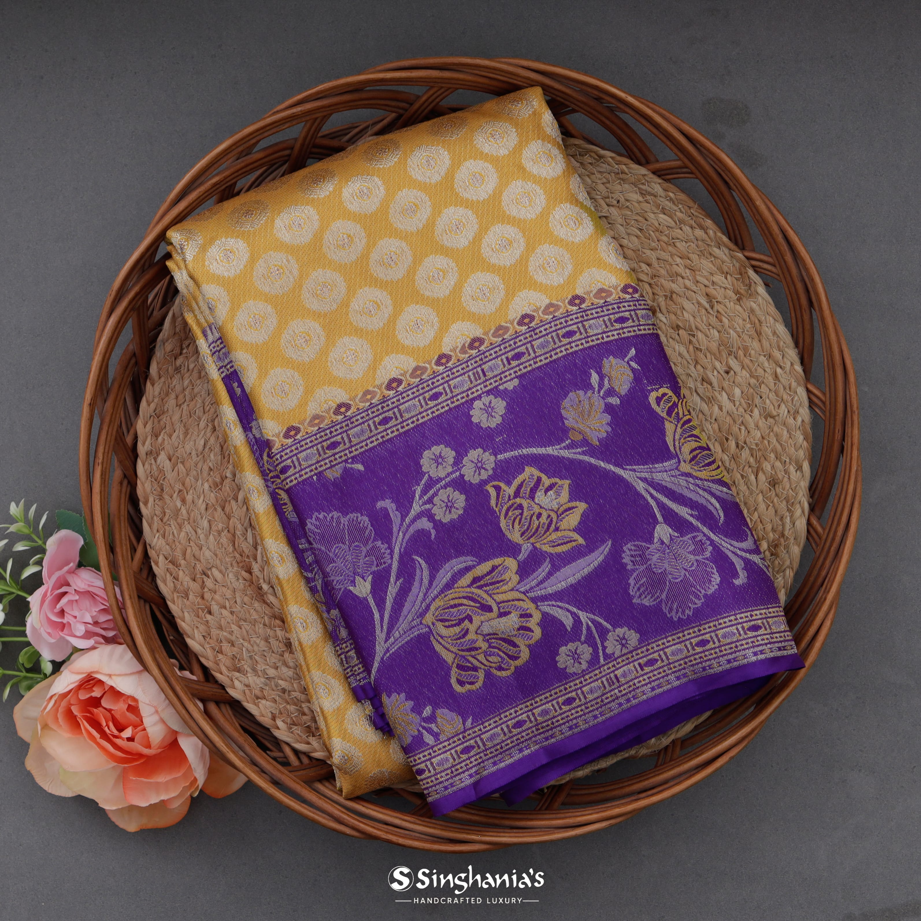 Sapphire Corn Yellow Kanjivaram Silk Saree With Floral Buttas