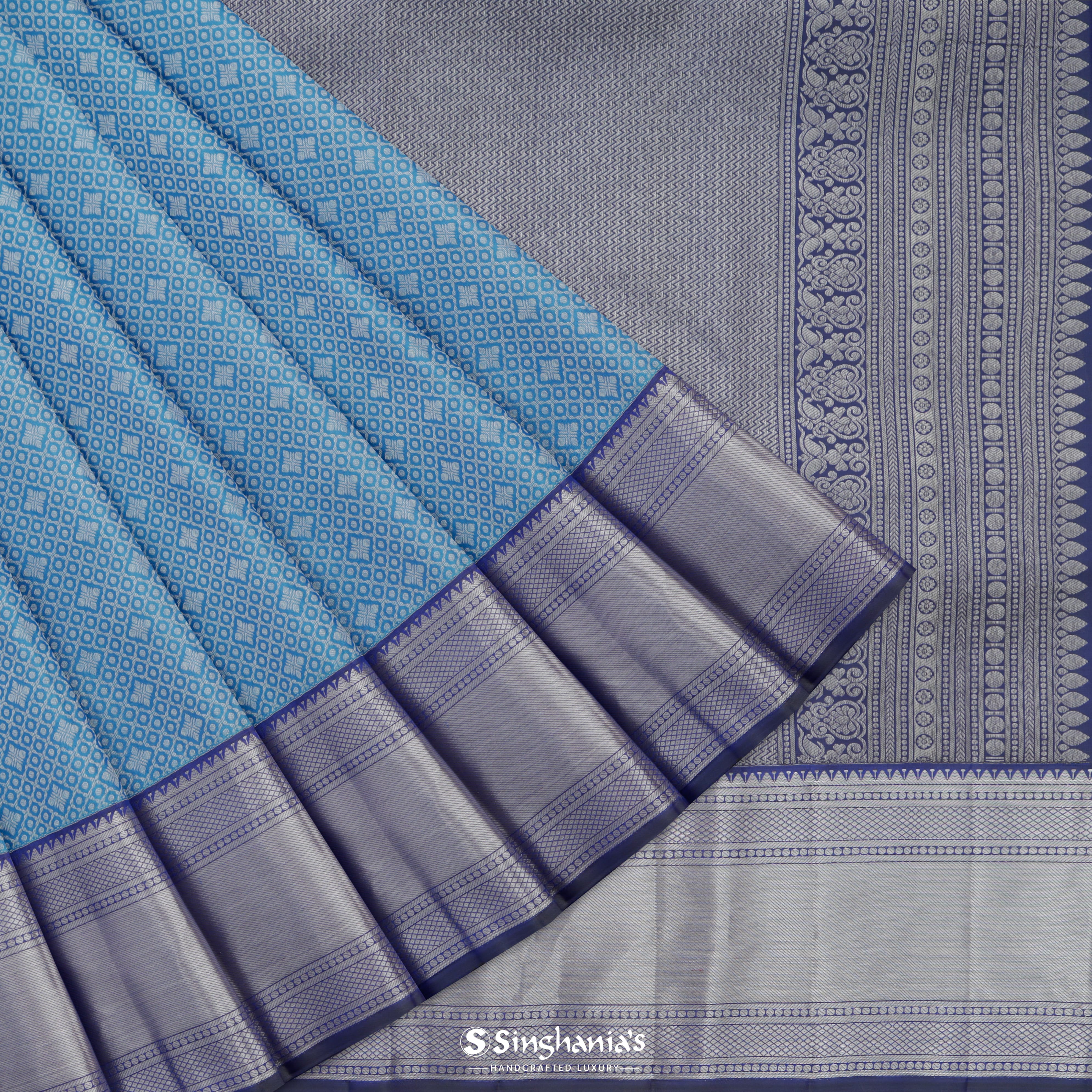 Cerulean Blue Kanjivaram Silk Saree With Geometrical Pattern