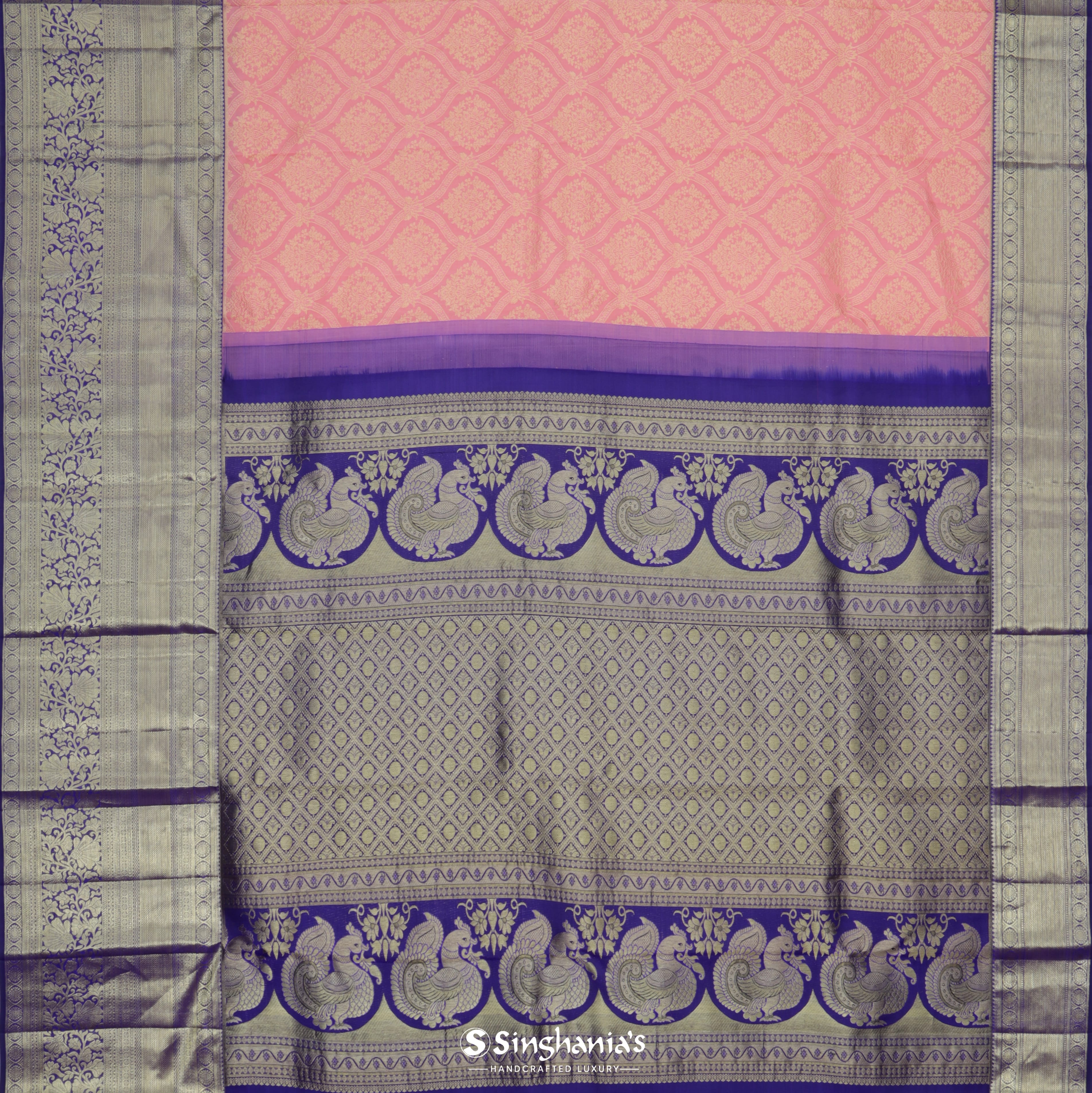 Bubblegum Pink Kanjivaram Silk Saree With Floral Pattern