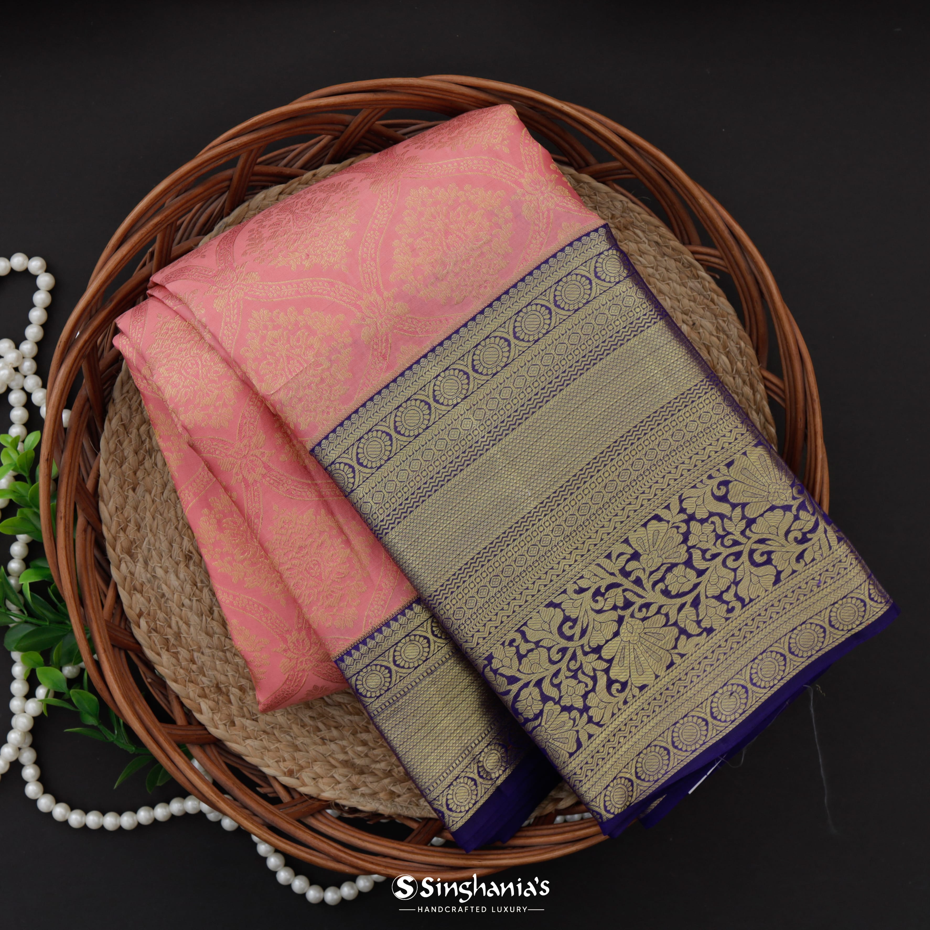 Bubblegum Pink Kanjivaram Silk Saree With Floral Pattern