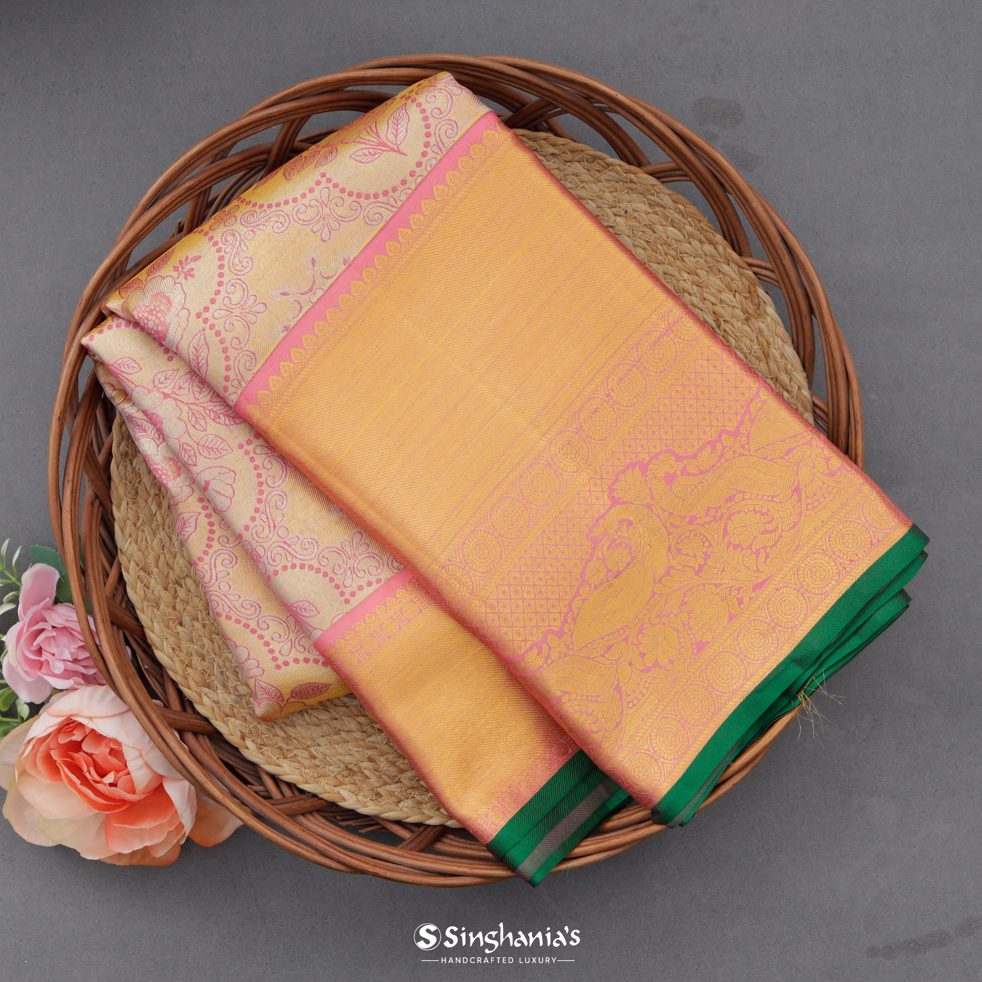 Pale Orange Kanjivaram Silk Saree With Floral Pattern