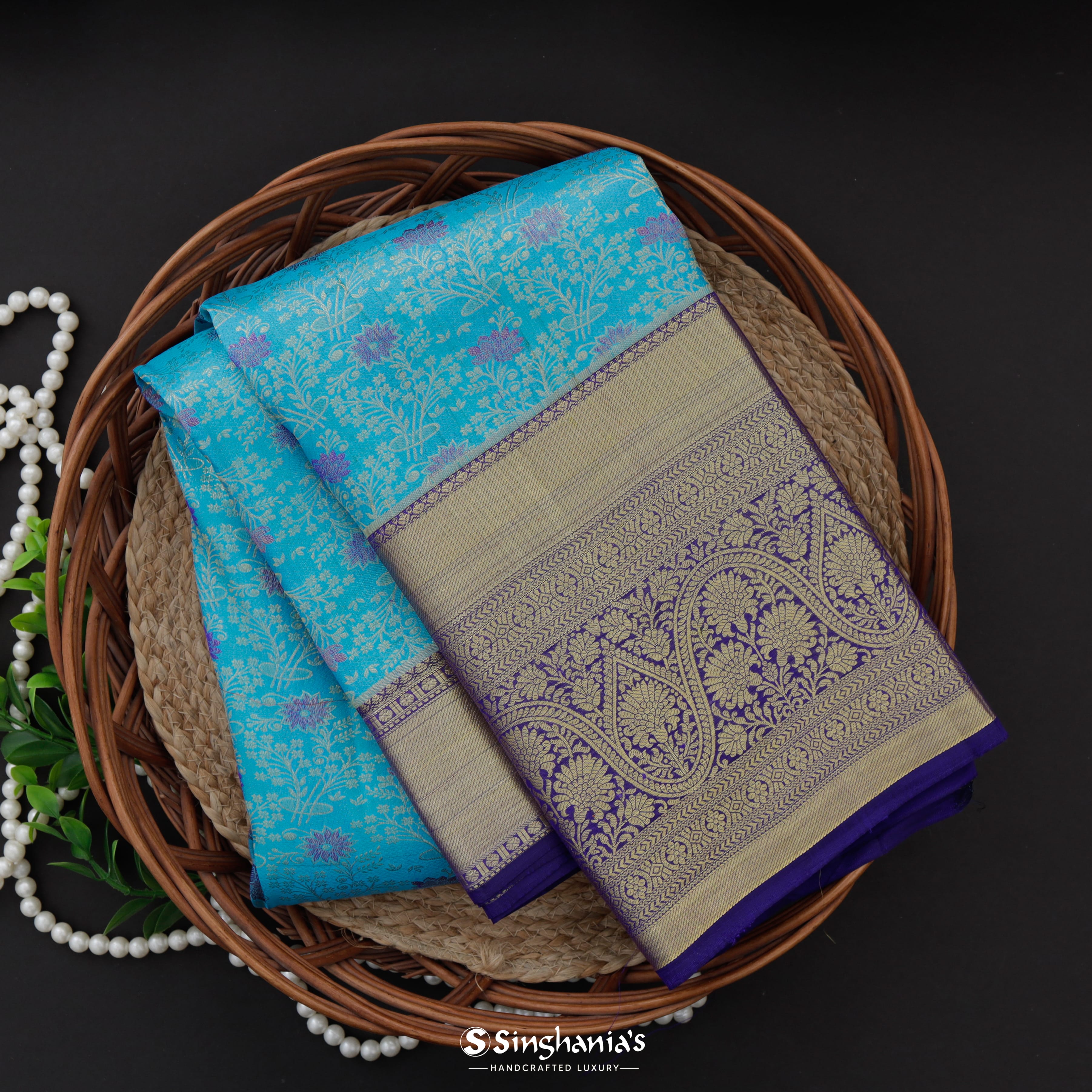 Cerulean Blue Kanjivaram Silk Saree With Floral Pattern