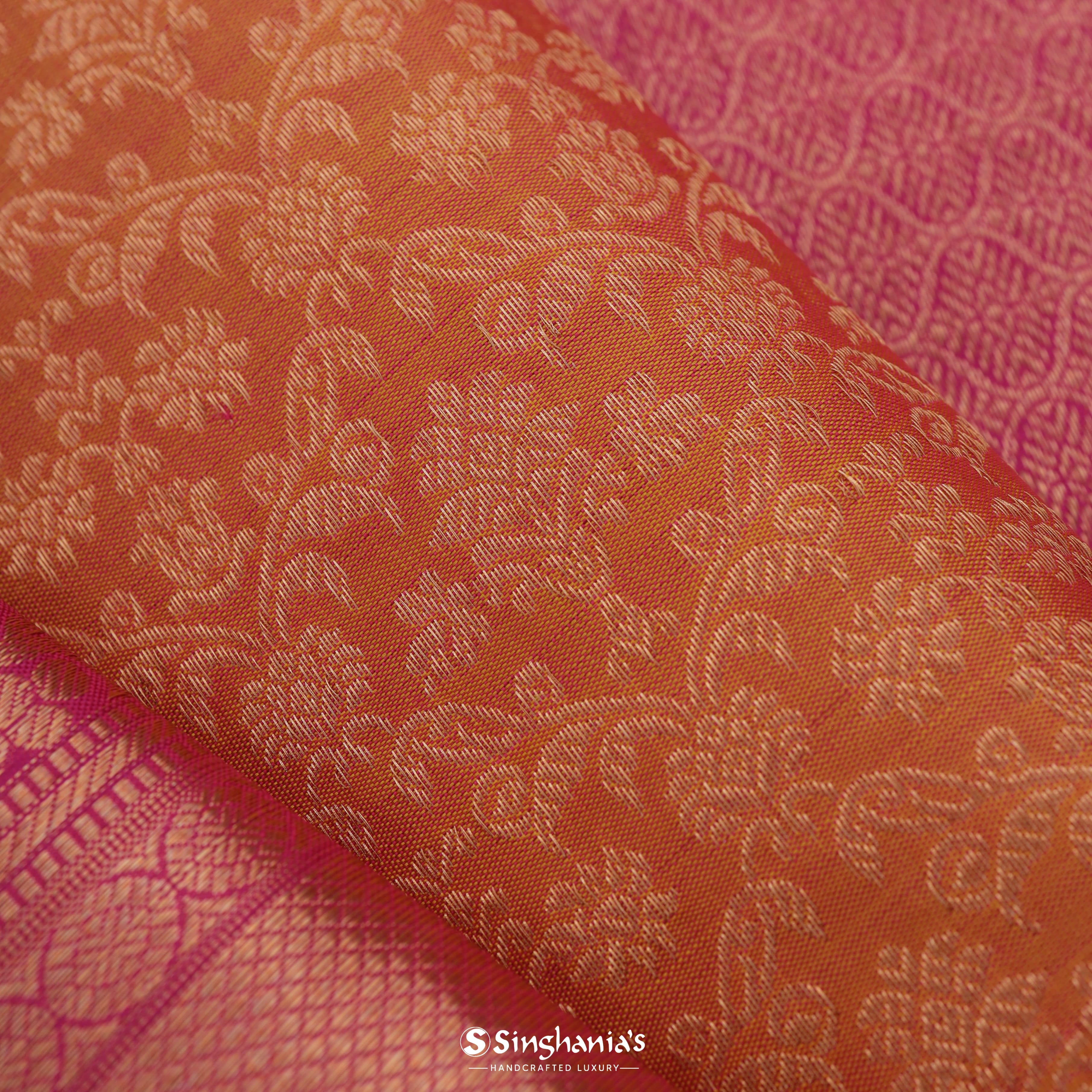 Burnt Orange Kanjivaram Silk Saree With Floral Pattern