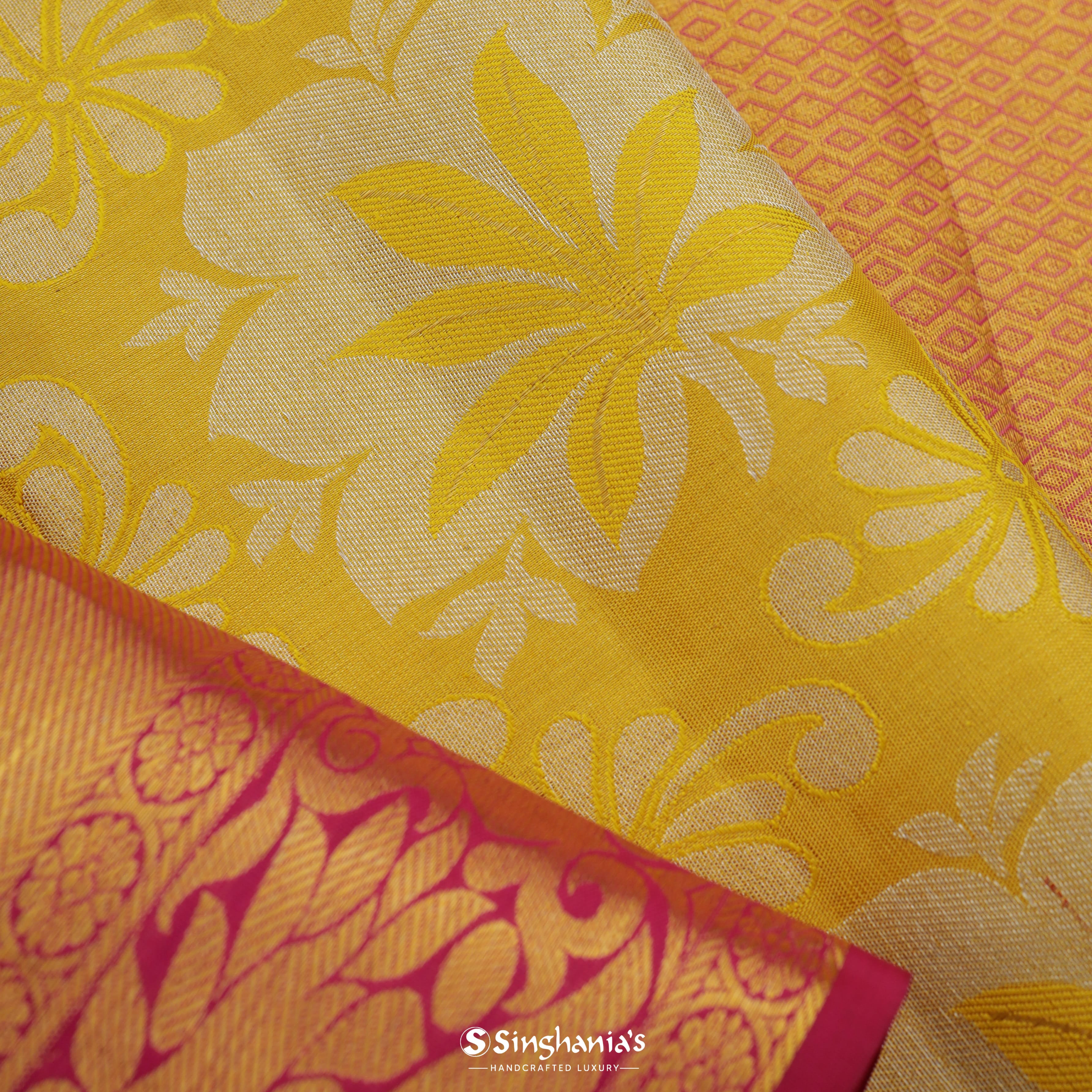 Bumblebee Yellow Kanjivaram Silk Saree With Floral Pattern