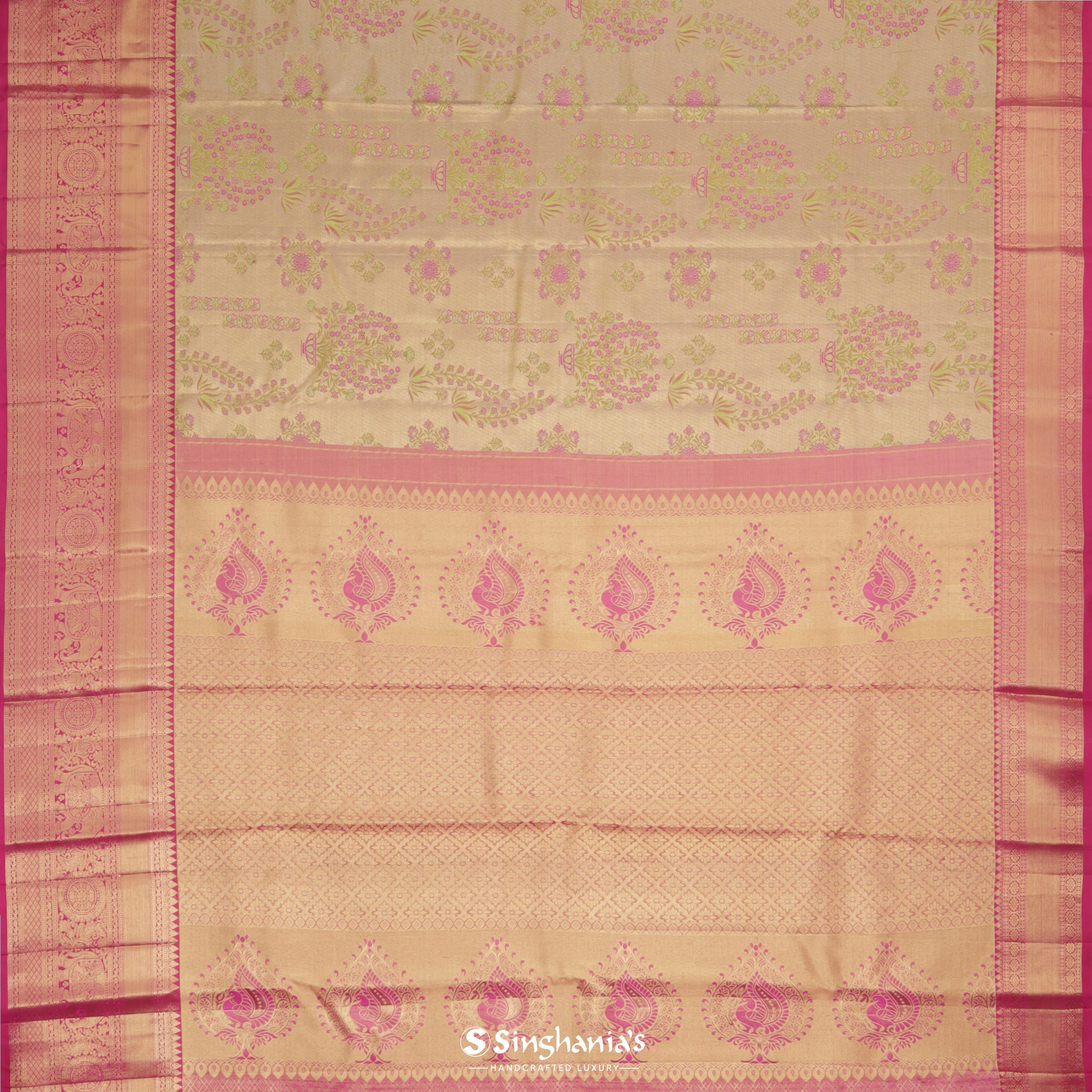 Dual Shade Green Kanjivaram Silk Saree With Floral Pattern