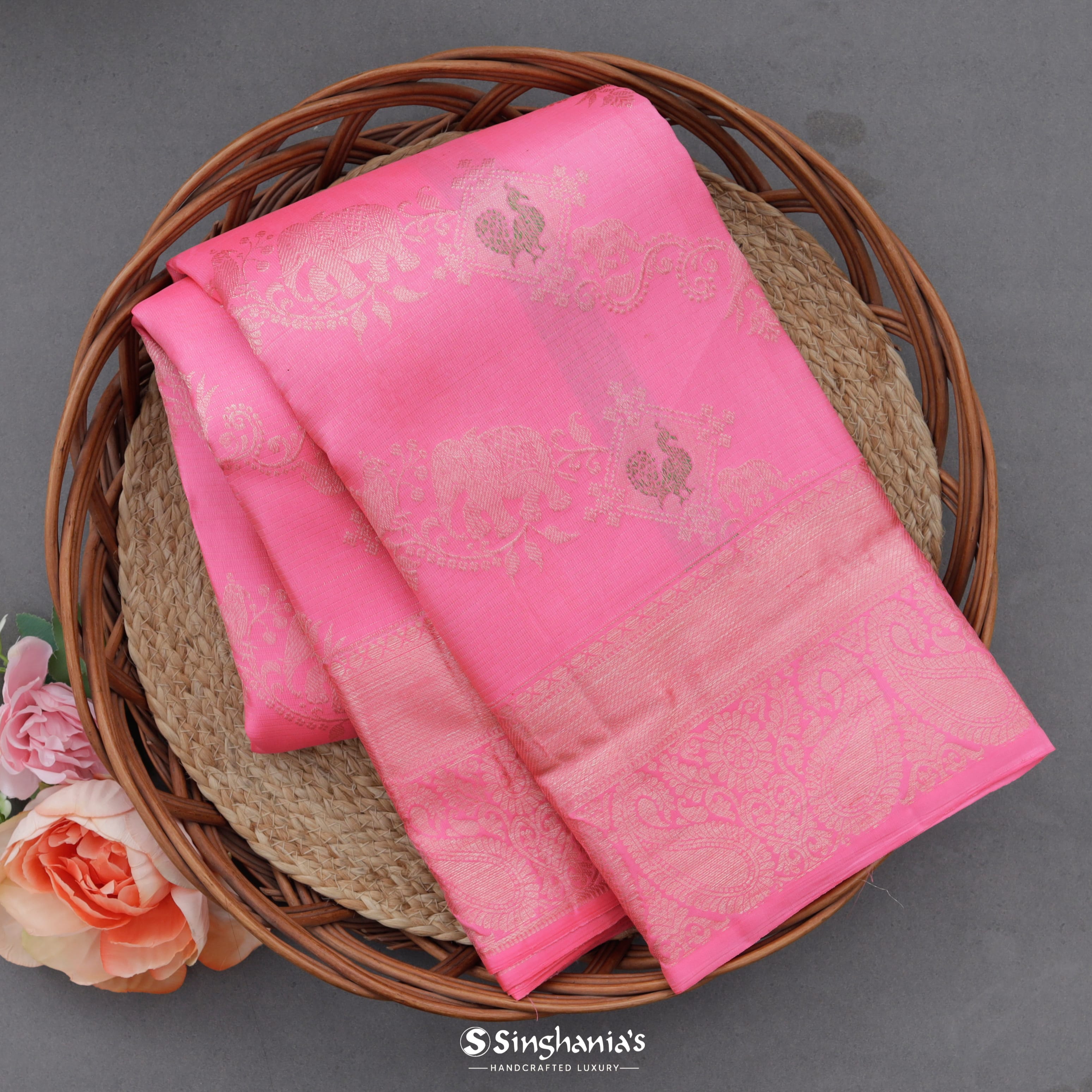 Hot Pink Kanjivaram Silk Saree With Nature Inspired Birds Motif Pattern