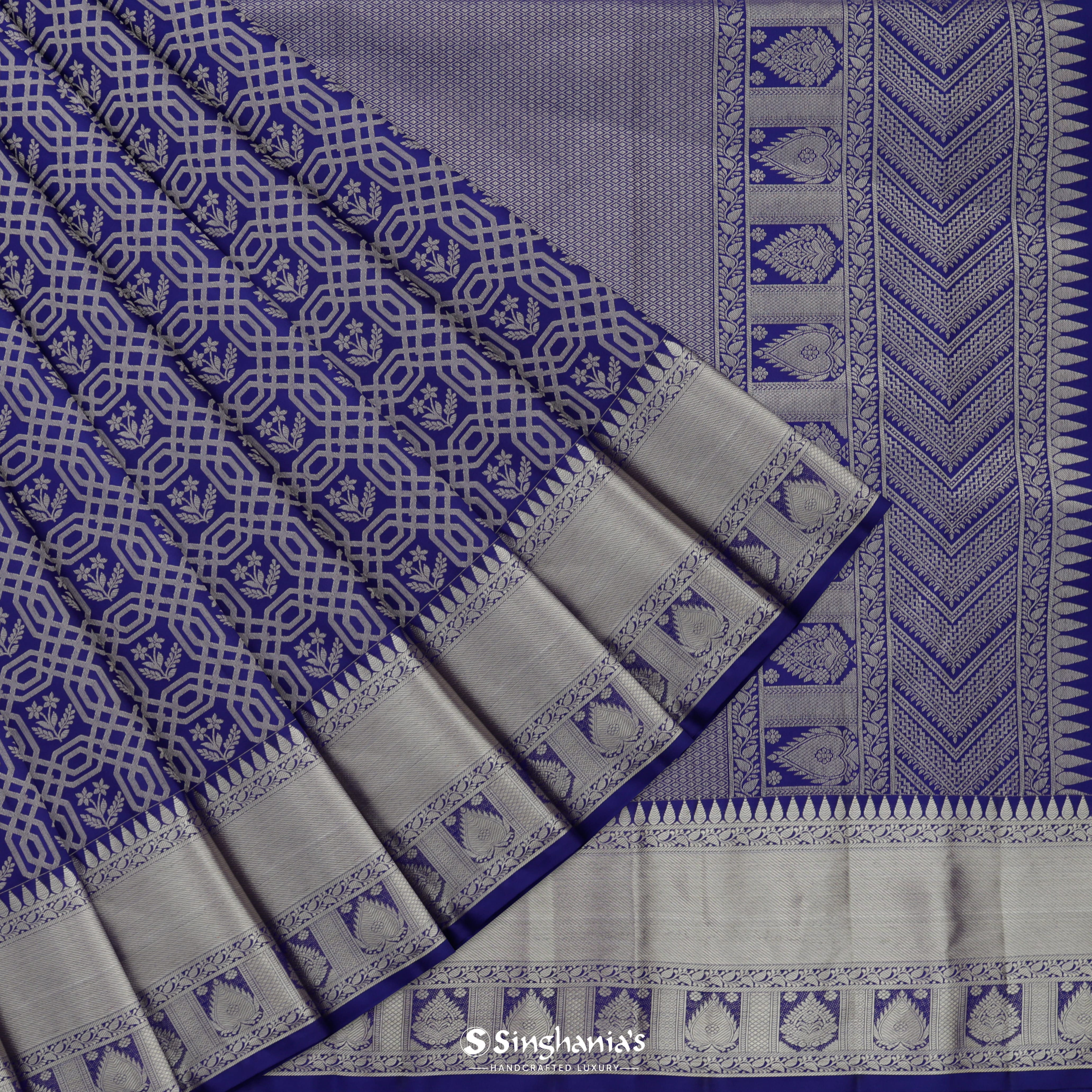 Admiral Blue Kanjivaram Silk Saree With Geometrical Pattern