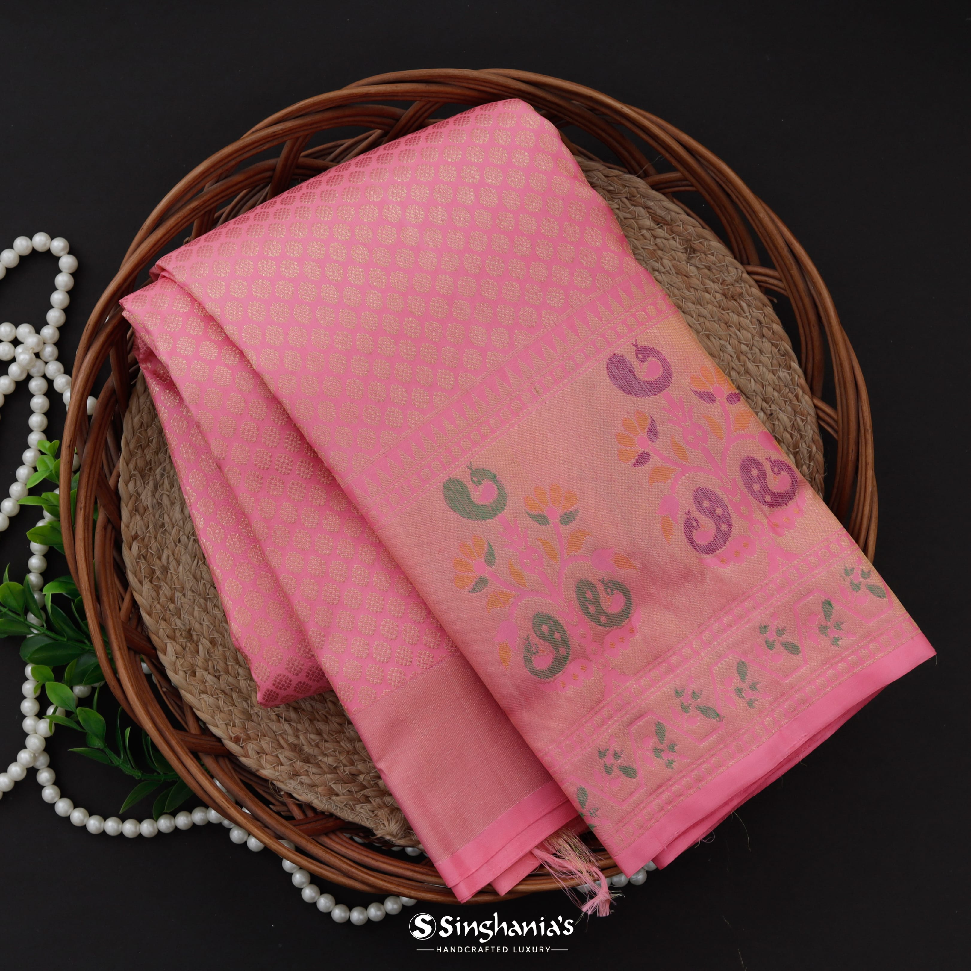 Rose Pink Kanjivaram Silk Saree With Tiny Buttis