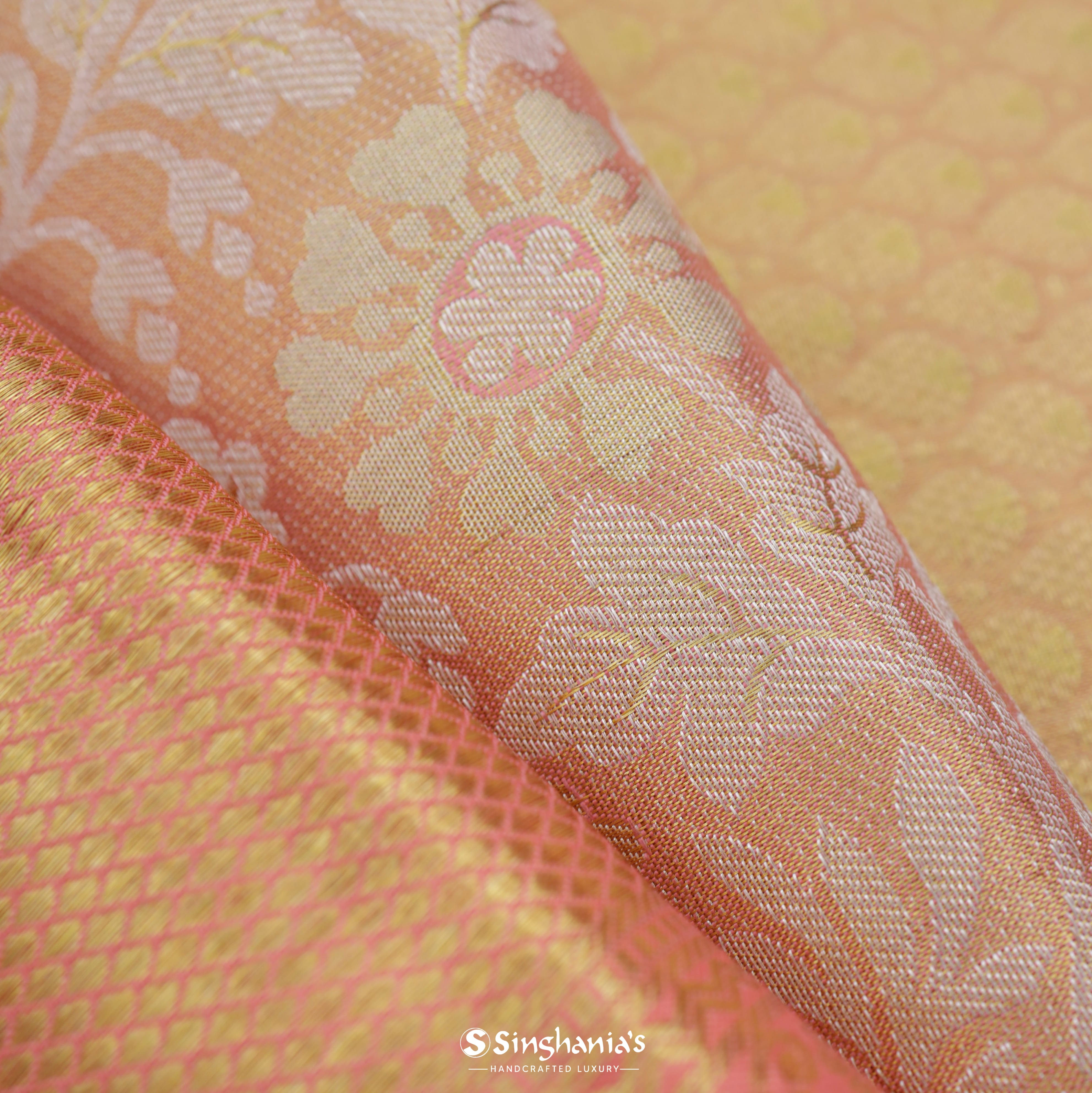 Pastel Orange Kanjivaram Silk Saree With Floral Jaal Design