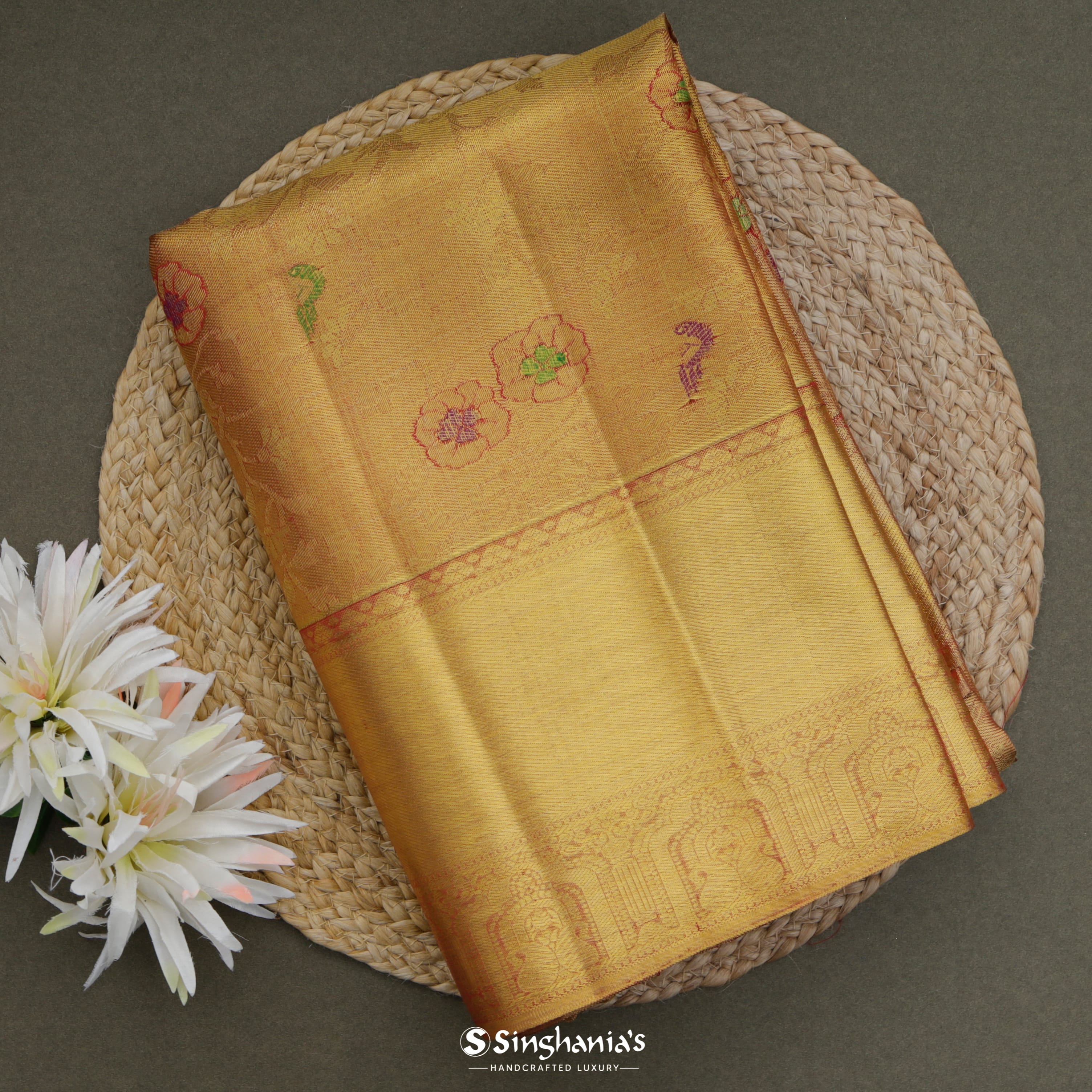 Goldenrod Yellow Kanjivaram Silk Saree With Floral Pattern