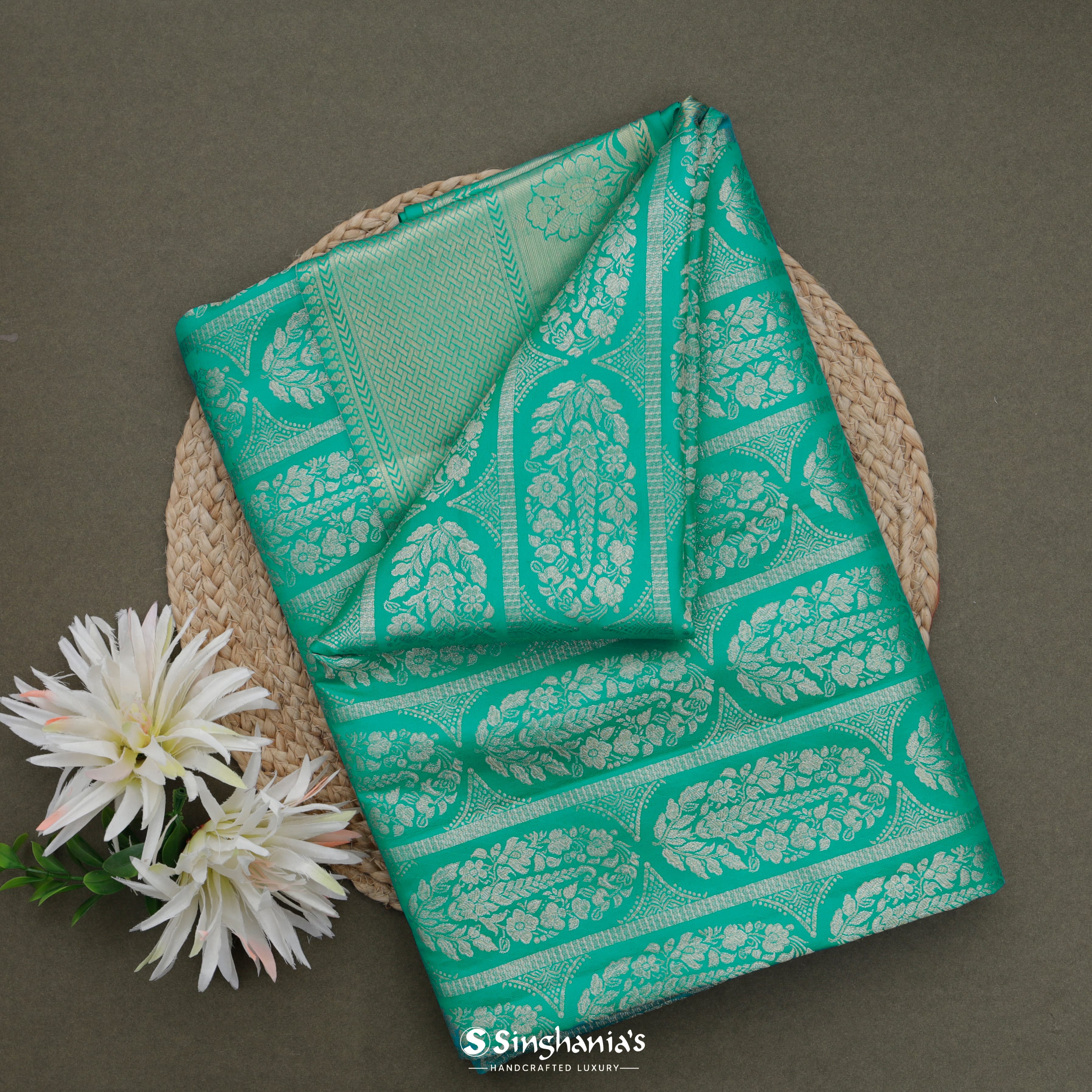 Aqua Green Kanjivaram Silk Saree With Floral Pattern
