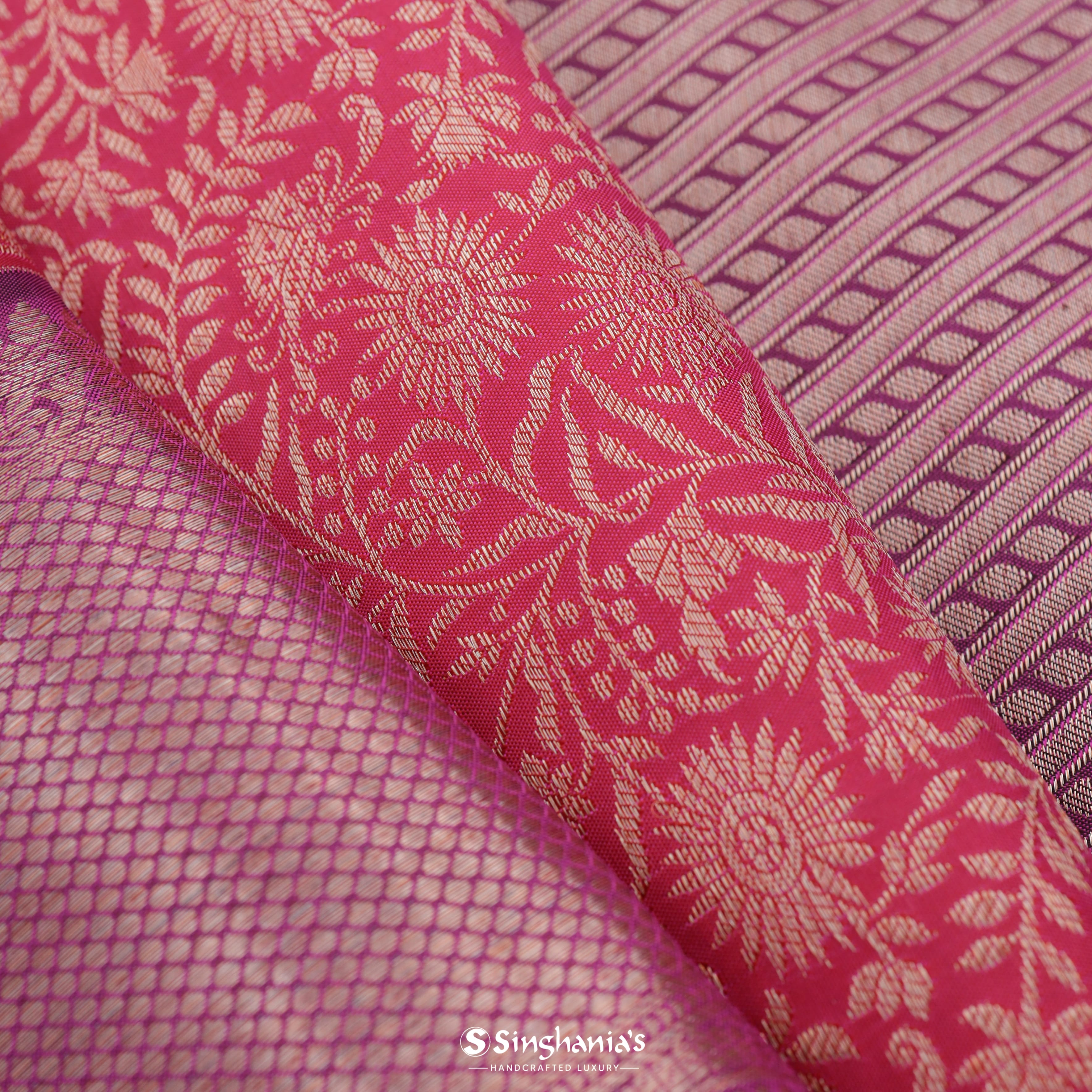 Fiery Rose Pink Kanjivaram Silk Saree With Floral Jaal Design