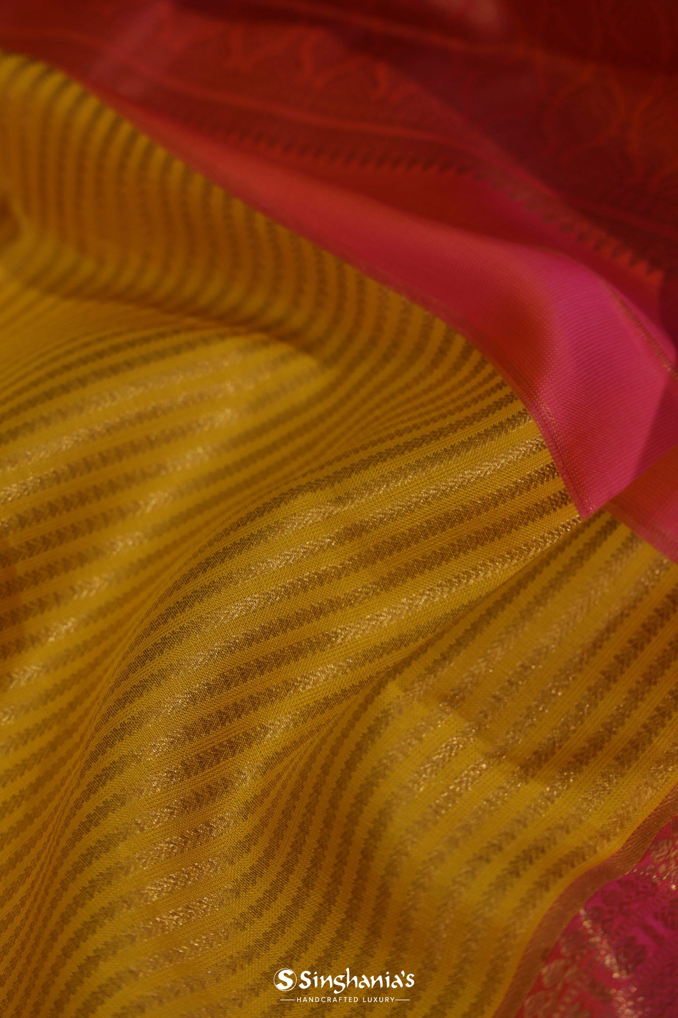 Spanish Yellow Kanjivaram Silk Saree With Stripes Pattern