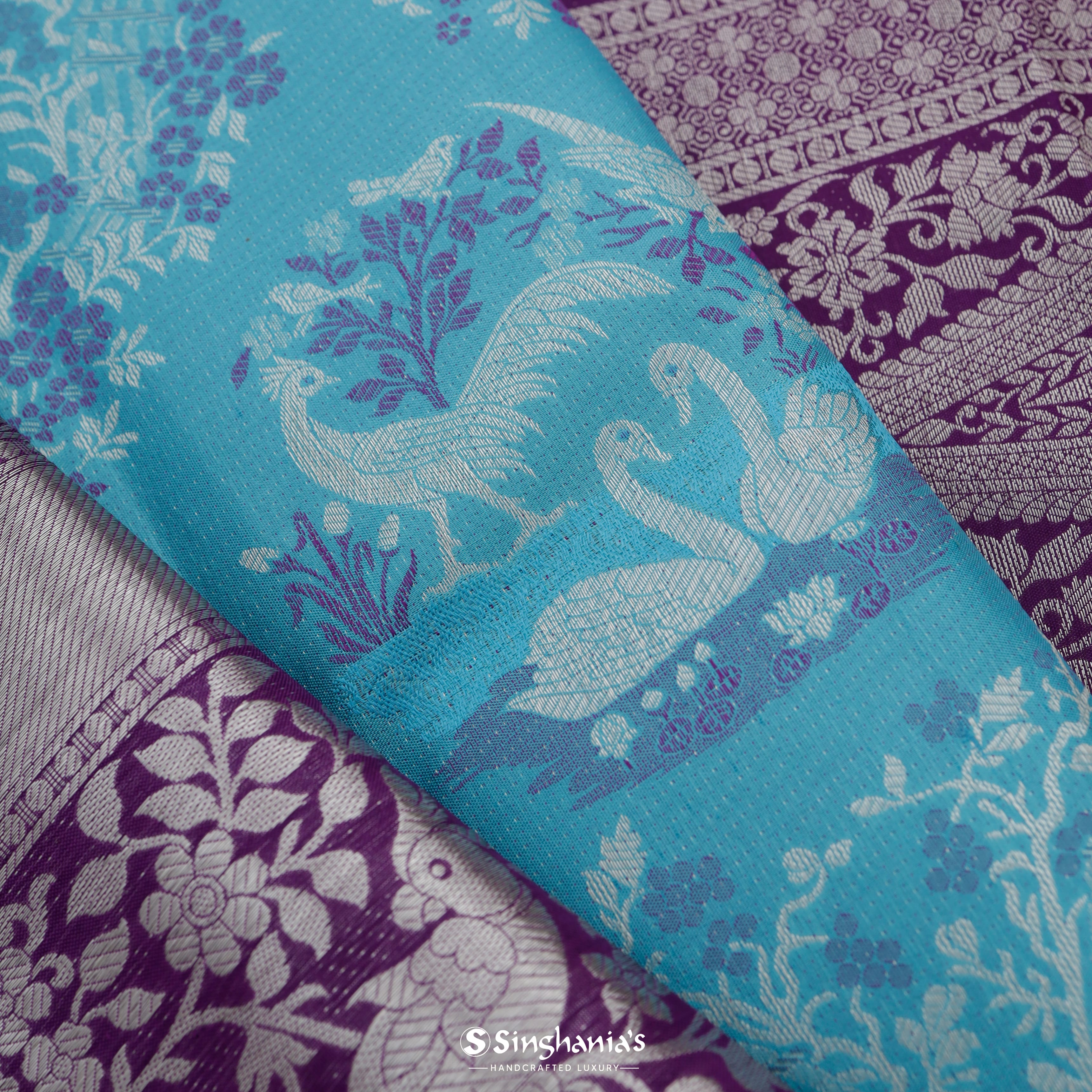 Cyan Blue Kanjivaram Silk Saree With Nature Inspired Bird Motif Pattern