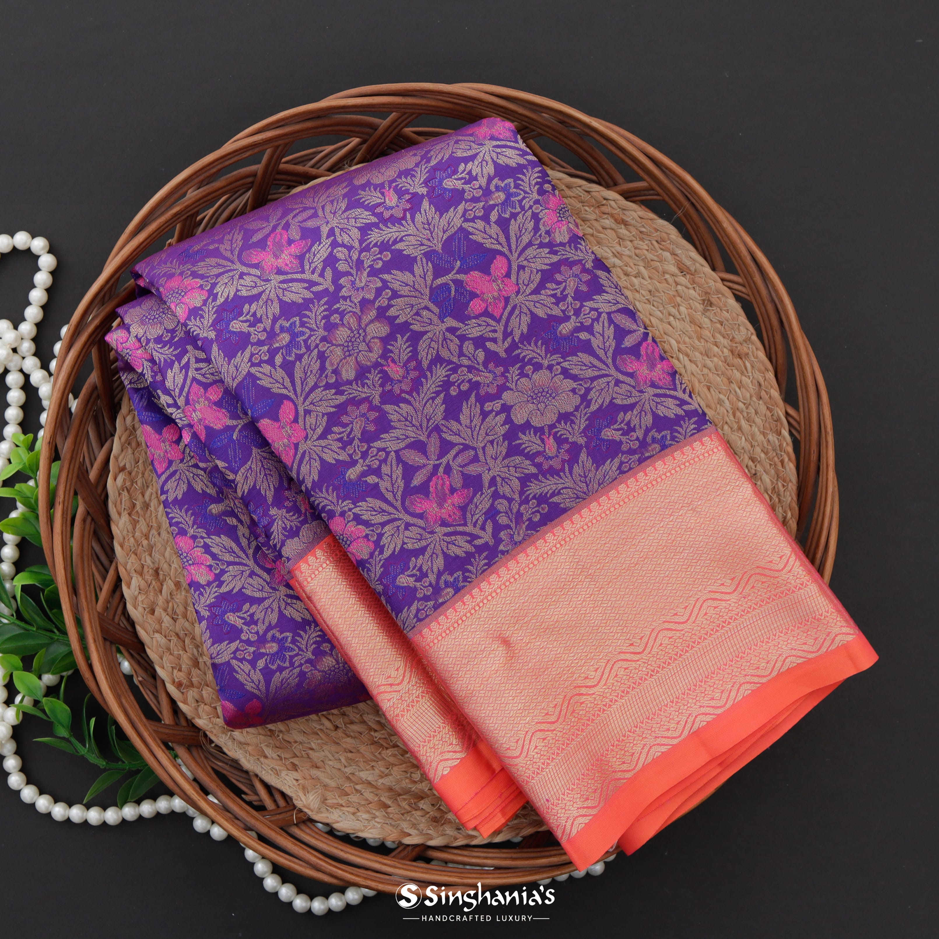 Pigment Indigo Kanjivaram Silk Saree With Floral Jaal Pattern