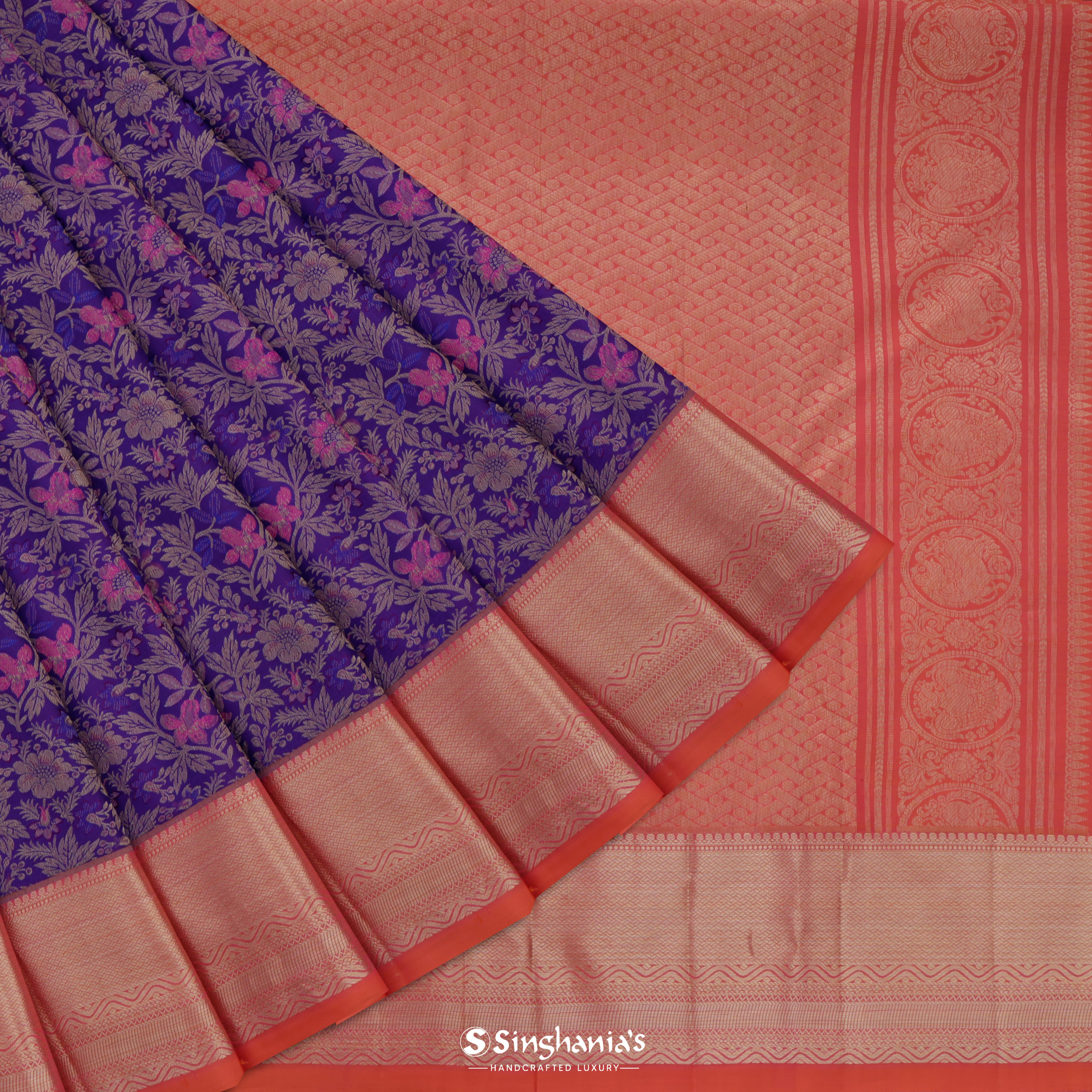 Pigment Indigo Kanjivaram Silk Saree With Floral Jaal Pattern