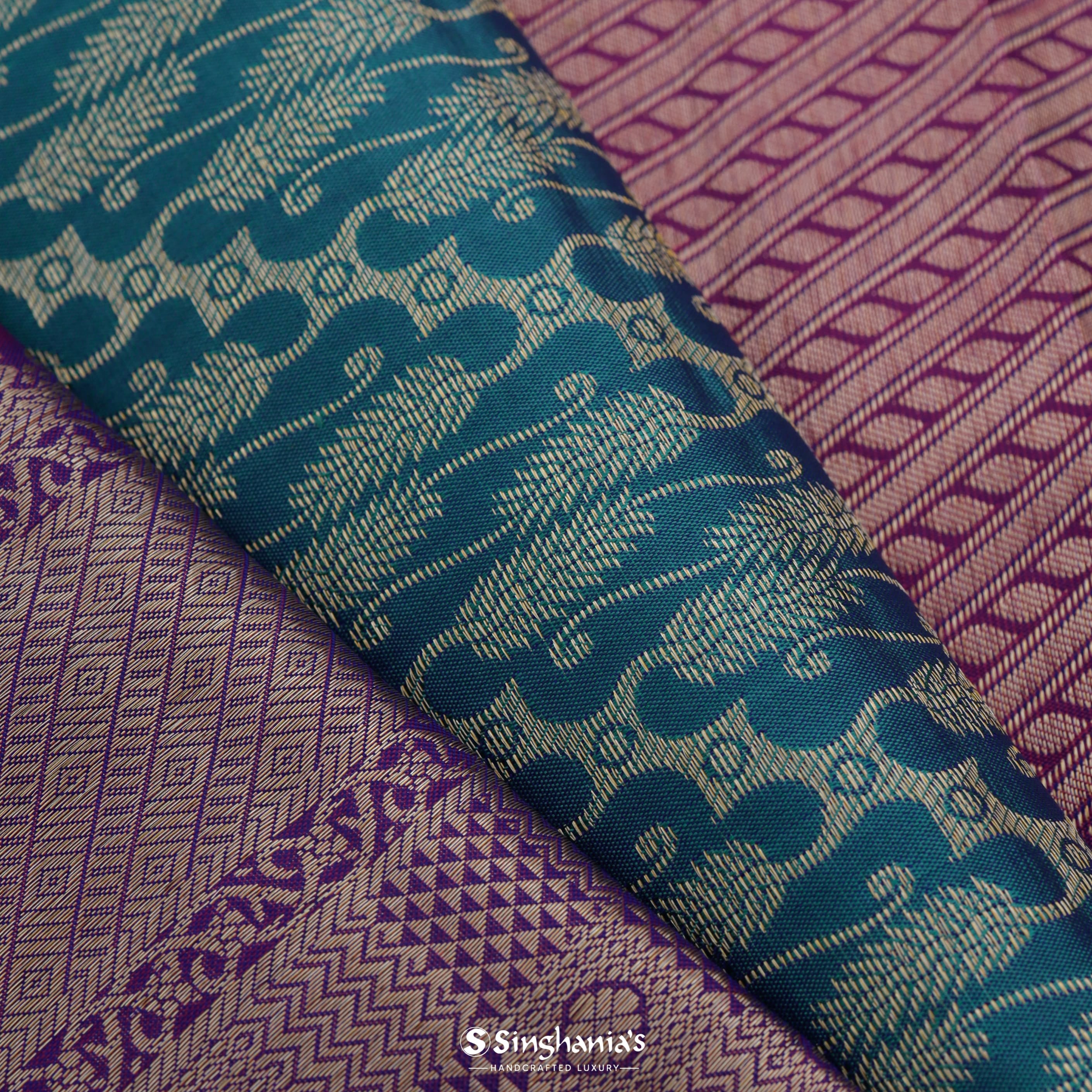 Pacific Ocean Blue Kanjivaram Silk Saree With Geometric Pattern